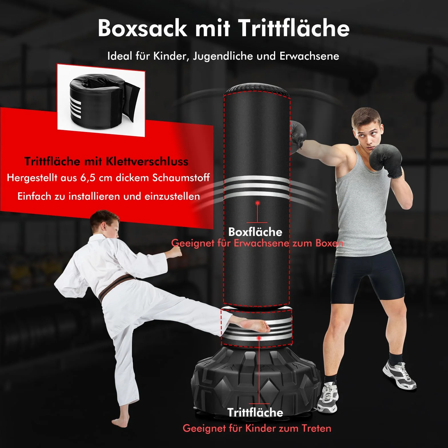 COSTWAY Stojący worek bokserski, 170 cm, ciężki worek bokserski z wypełnionym stojakiem, stojący worek bokserski ze sztucznej skóry z przyssawką, worek kickboxingowy dla dzieci, młodzieży i dorosłych