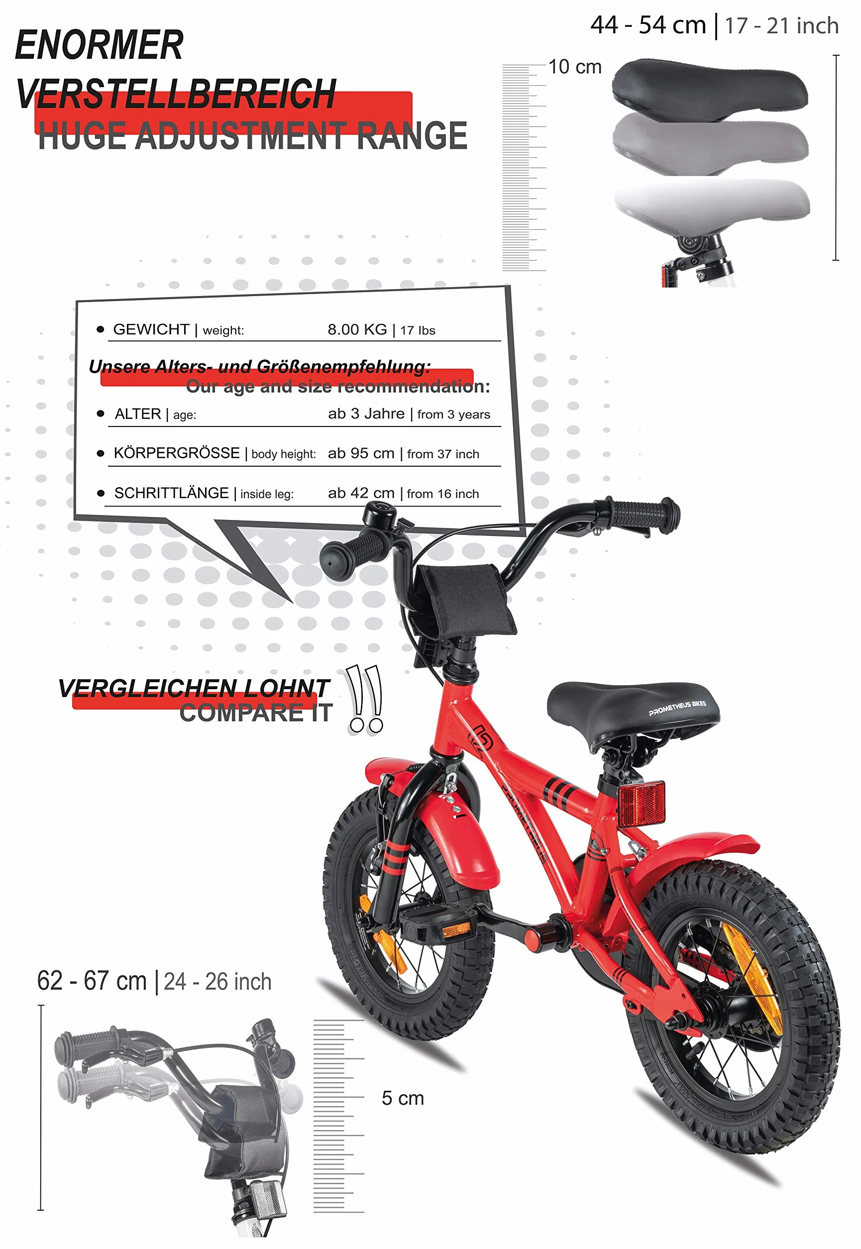 Prometheus rower dziecięcy, 12", dla chłopców i dziewcząt w wieku od 3 lat, model BMX, model 2021, czerwono-czarny