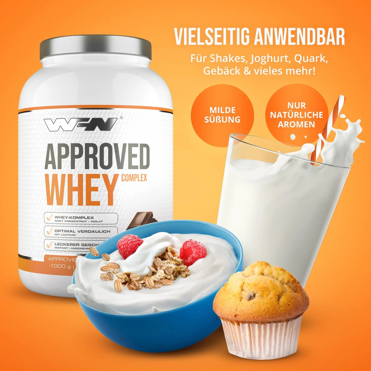 WFN Approved Whey proszek proteinowy – czekolada – 1 kg – z laktazą – bardzo dobrze rozpuszczalny proszek białkowy – wyprodukowany i sprawdzony laboratoryjnie w Niemczech