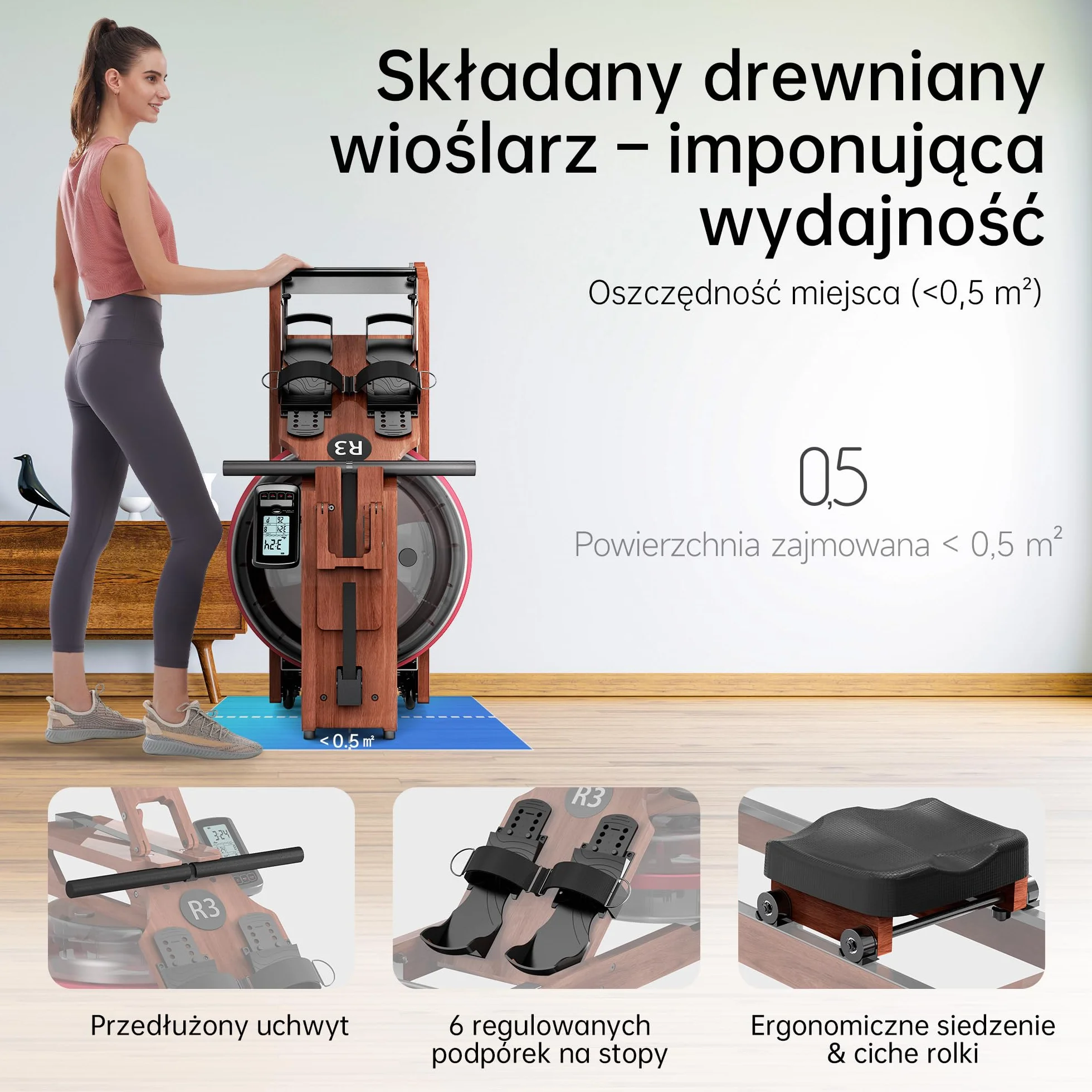 R3 składana maszyna wiosłarska z drewna dębowego, wyświetlacz LCD Bluetooth, kompatybilna z Kinomap, zbiornik 28L, 150 kg