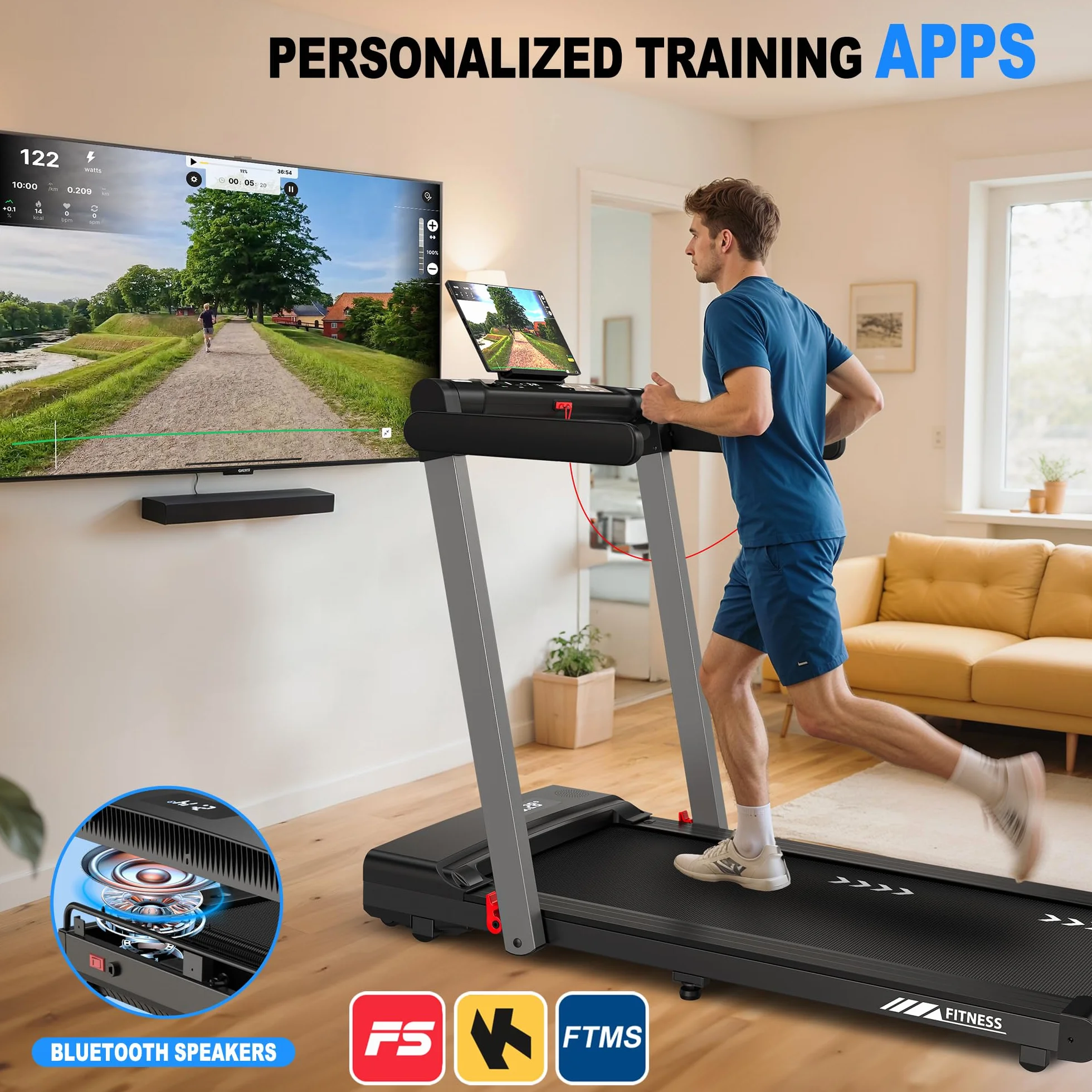 Walking Pad bieżnia do domu, 3 w 1 z silnikiem 2,5 KM, muzyka Bluetooth, 12 km/h i 12 programów treningowych, składana z aplikacją i pilotem zdalnego sterowania, idealna do treningu w domu