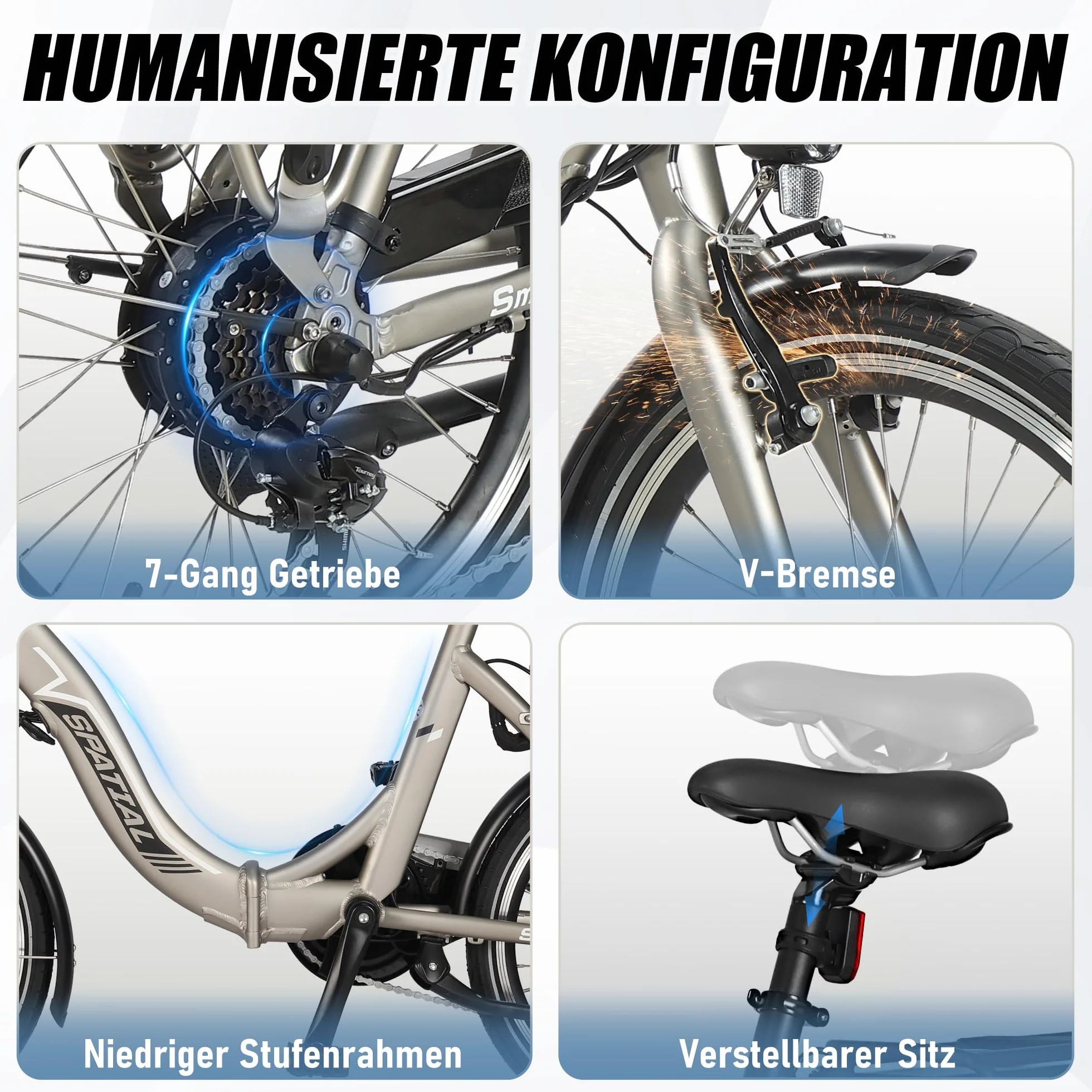 SPATIAL E Bike składany rower elektryczny 20 cali 40 NM 250 W 36 V 374,4 Wh 7-biegowa przerzutka LCD