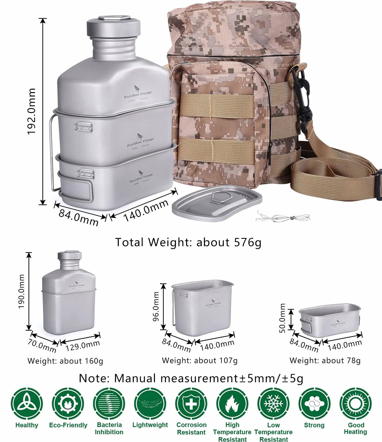 iBasingo Titan Ti2049C Wojskowa butelka na napoje kempingowa 1100 ml zestaw naczyń