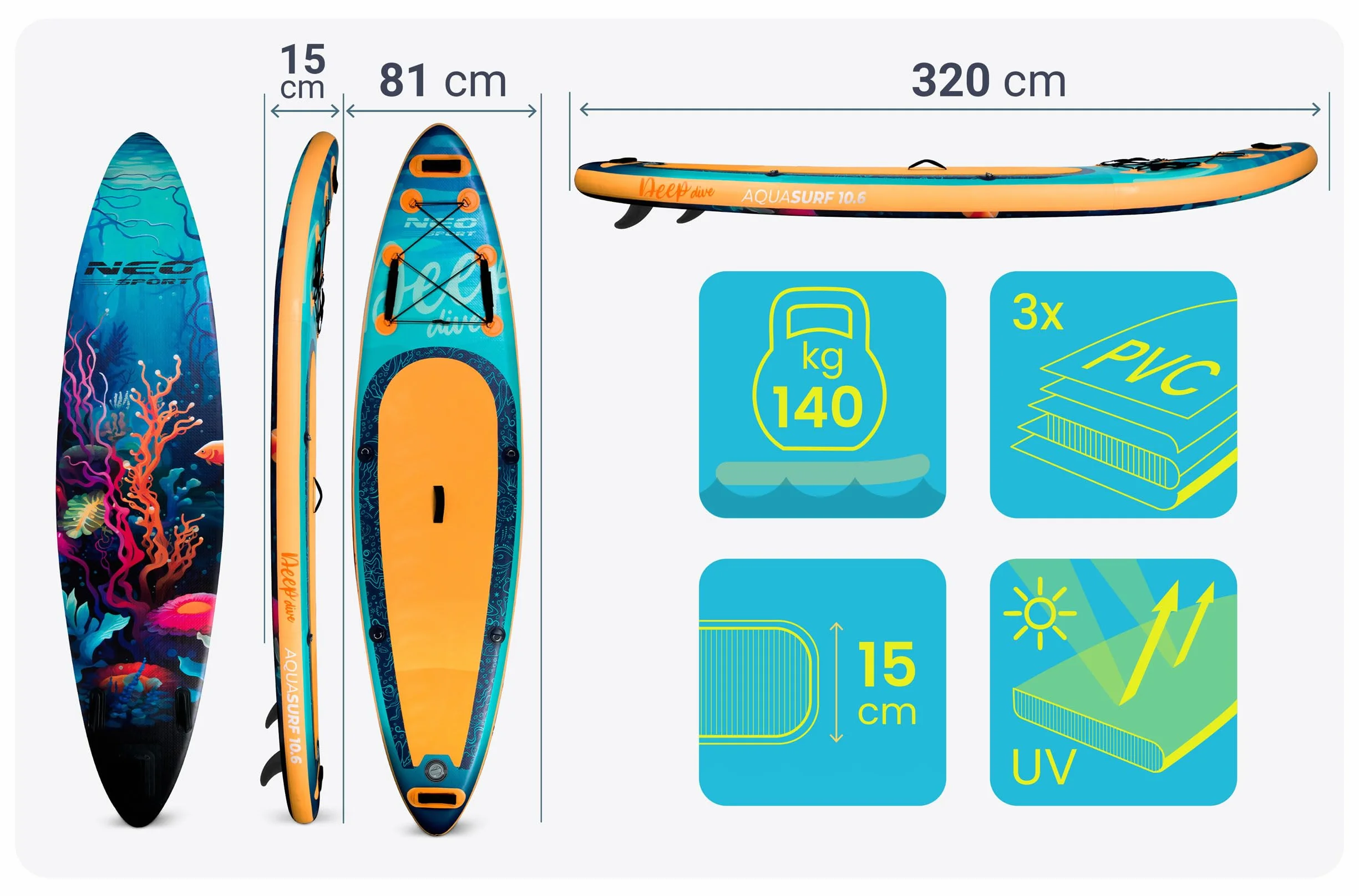 Neo-Sport Deska SUP - Stand Up Paddle Board Aquasurf 10.6 - Uniwersalna Deska Allround - Zestaw dla Początkujących do Rekreacji - 320x84x15 cm - do 140kg - Wiosło, Pompka, Smycz i Plecak - Brązowa