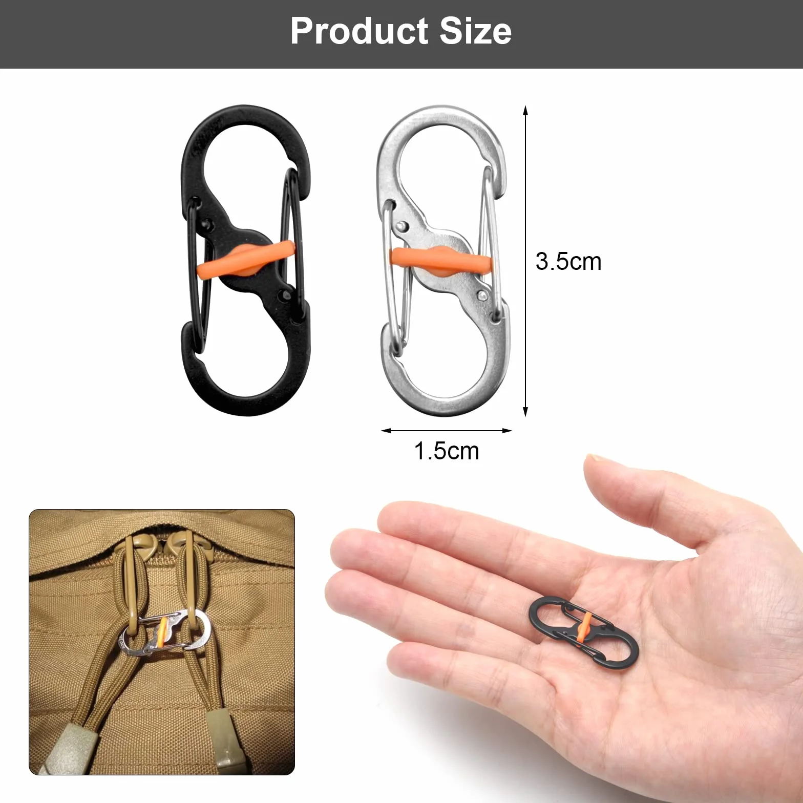 Mały karabińczyk w kształcie litery S, 10 sztuk, mały karabińczyk ze stali nierdzewnej, mini breloczek do kluczy, rozmiar S, outdoorowy, hak kempingowy, mini klips S, plecak w kształcie litery S