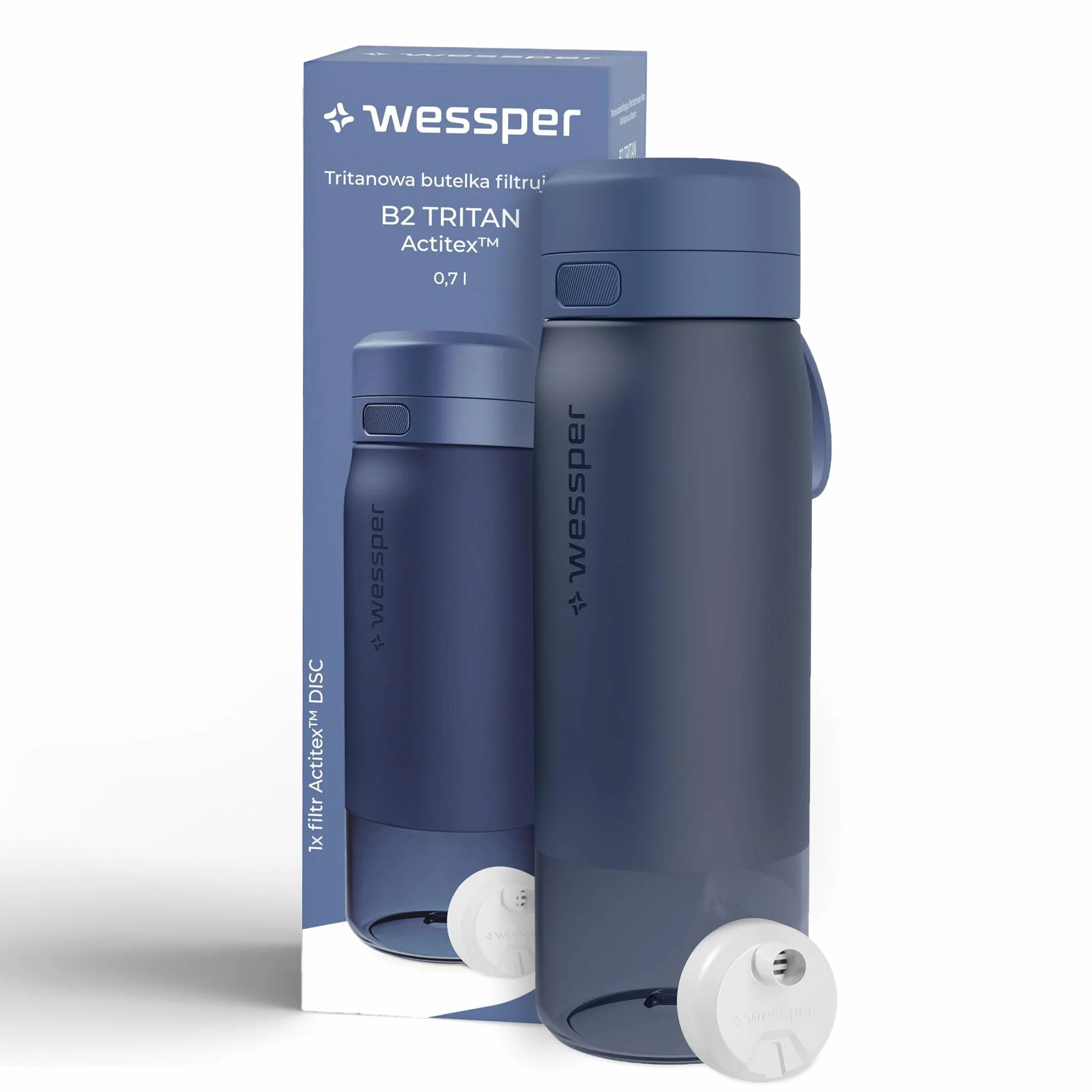 Wessper Butelka na wodę z filtrem, butelka z tritanu z filtrem dyskowym, 700 ml, bez BPA, Szczelny Bidon do picia na zewnątrz-idealna do szkoły, sportu, na siłownię- Niebieski