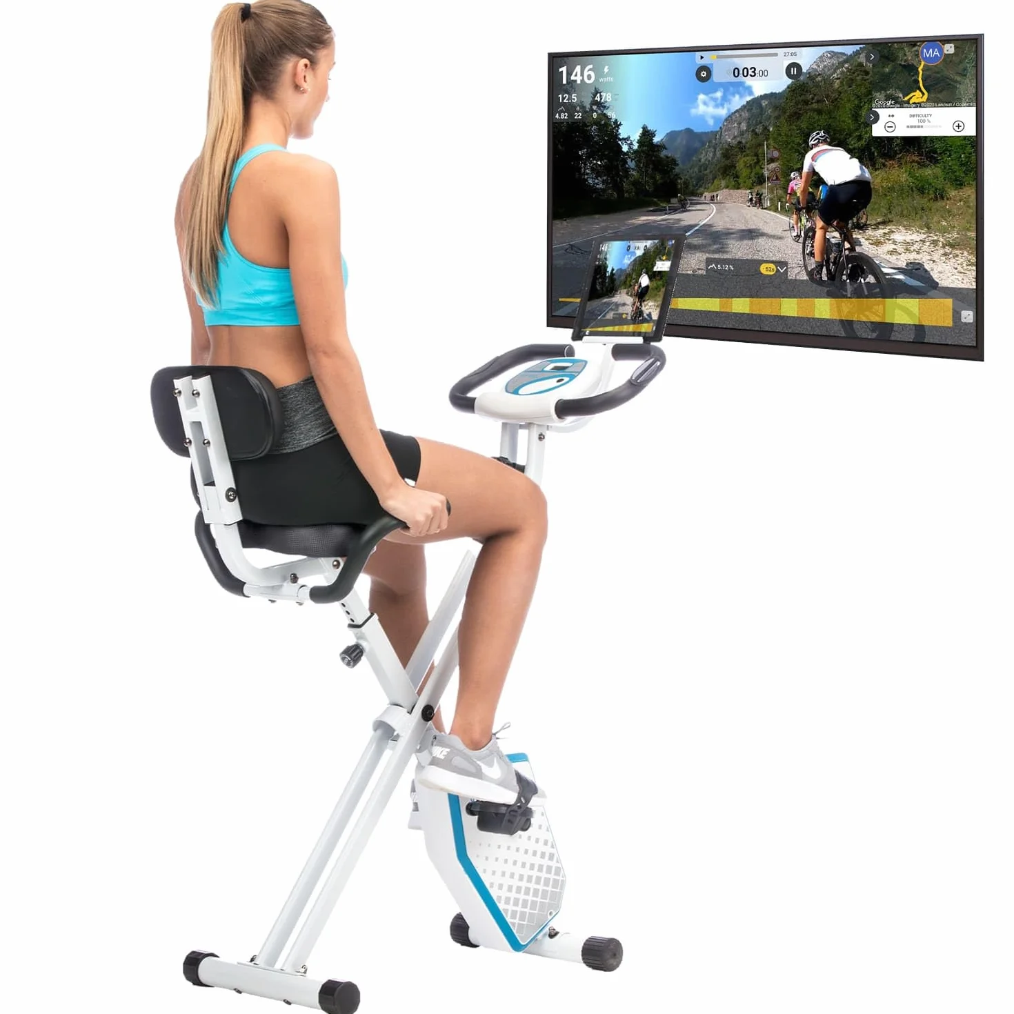 skandika Foldaway X-1000 PLUS rower treningowy X-Bike z czujnikami pulsu ręcznego, komputer, uchwyt na tablet, oparcie
