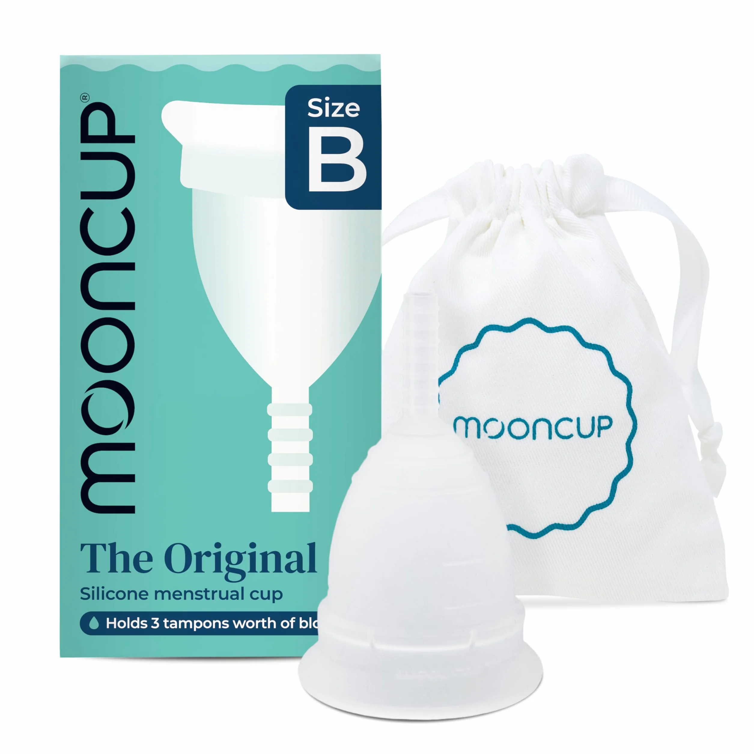 Mooncup Oryginalny silikonowy kubeczek menstruacyjny, wielokrotnego użytku, ultramiękki i łatwy w użyciu, idealny na obfite krwawienia, rozmiar B, wiek 30 lat lub mniej (opakowanie 1 szt.)