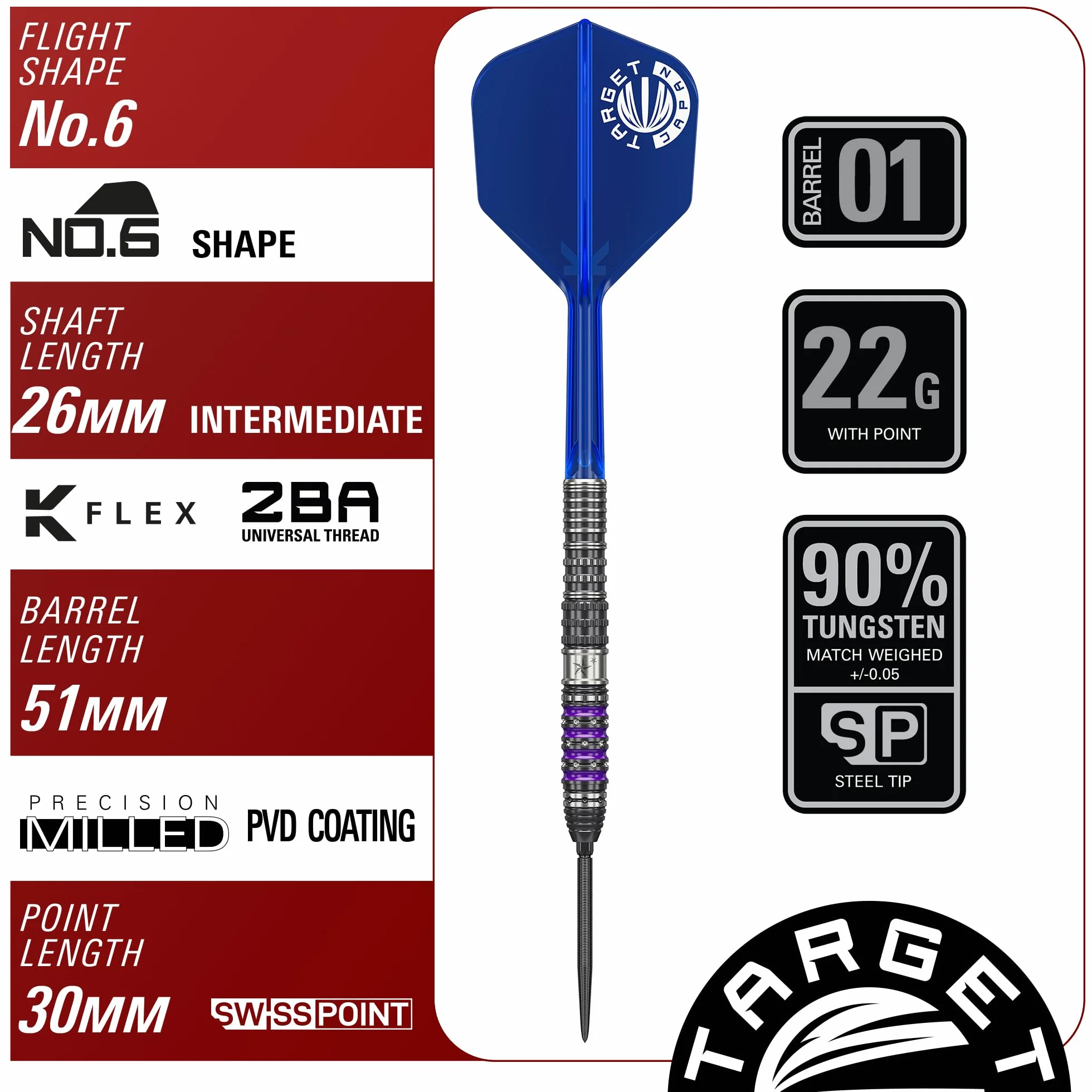 Target Japan Prime Series Sirius G4 Darts with Kflex, 22G | Zestaw do rzutek zawierający 90% wolframu, lotki K-Flex i shafty nr 6, stalowe końcówki 2BA, gracz Yuta Hayashi Gen 4