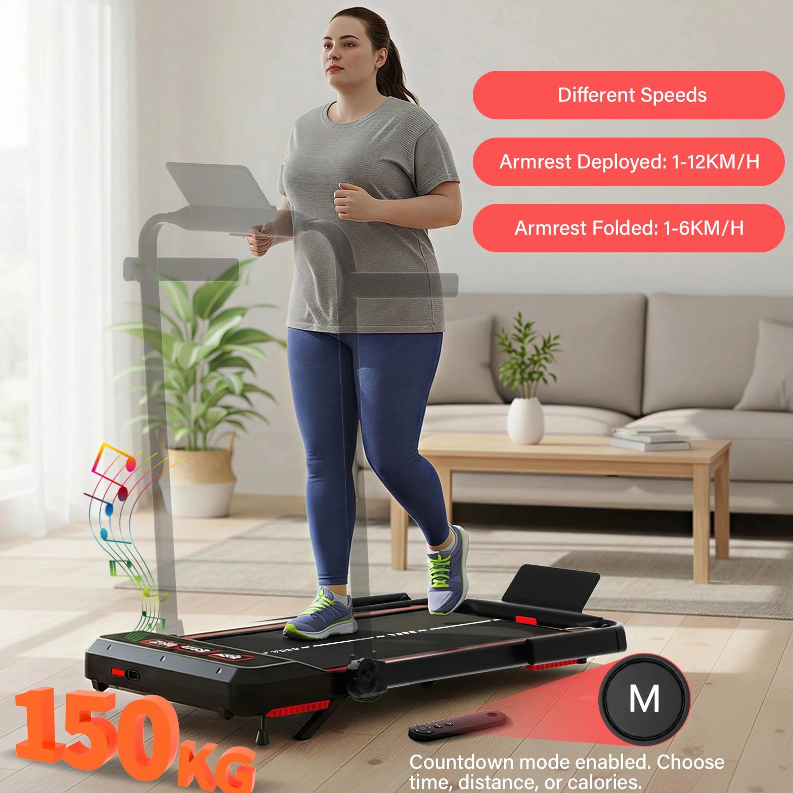 TODO Walking Pad Bieżnia Składana z Ręczne Nachyleniem 10% 12 km/h Bluetooth Głośnik APP LED 150kg