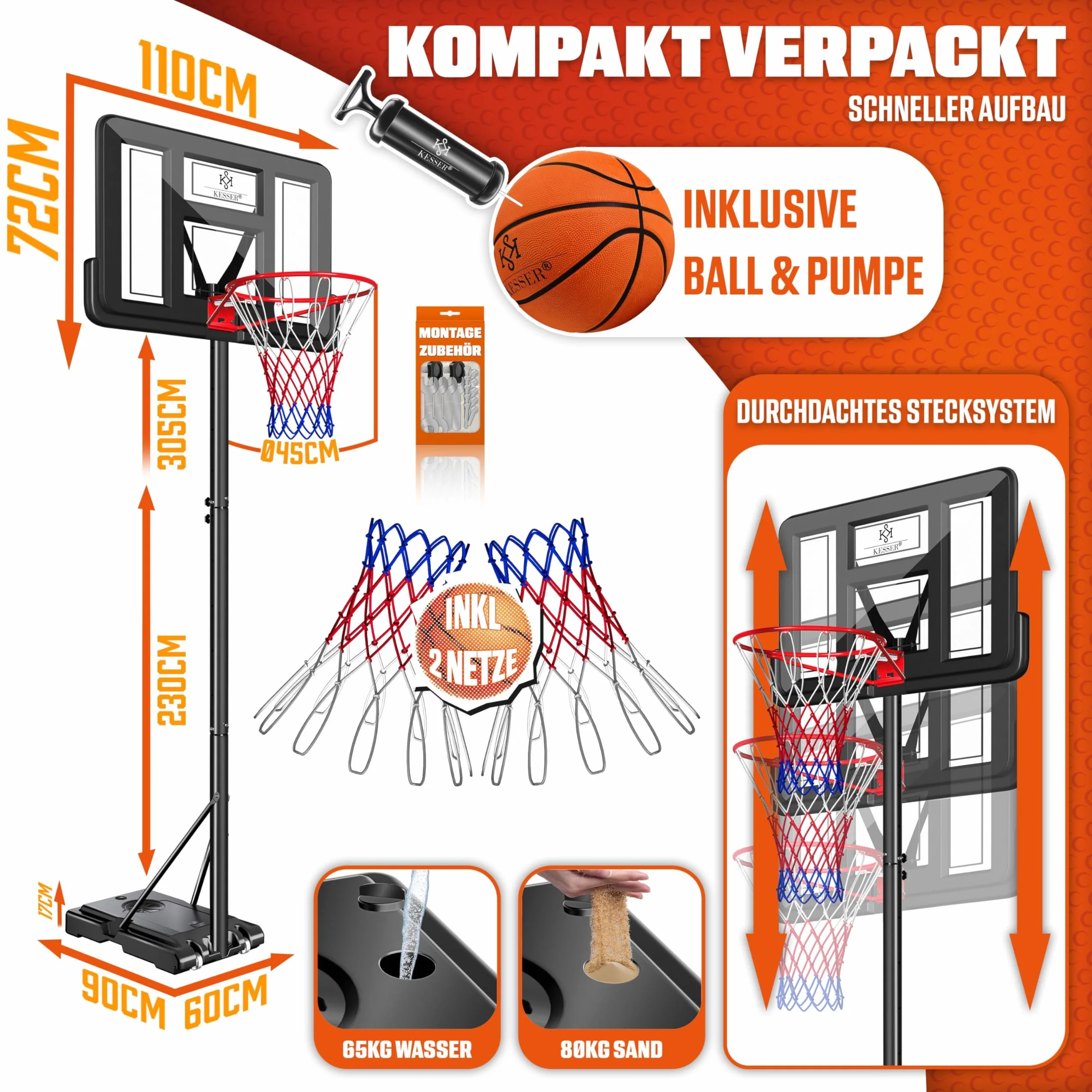 KESSER® Kosz do koszykówki Premium ze stojakiem na kółkach, w zestawie piłka do koszykówki + pompka, regulowana wysokość kosza, od 230 do 305 cm, z regulacją wysokości, do użytku na zewnątrz,
