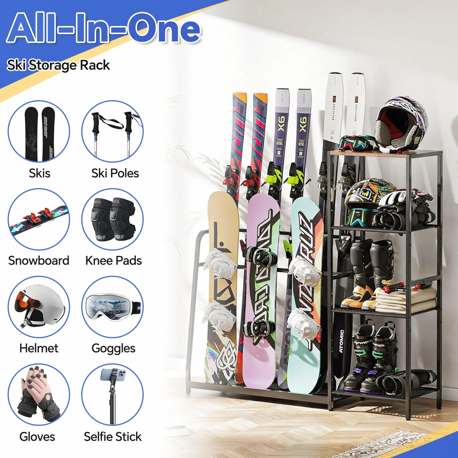 Regał do przechowywania nart, stojak na 4 pary nart, 3 deski snowboardowe, buty narciarskie, kijki narciarskie, gogle narciarskie i stojak na kask, stojak na deskę snowboardową do garażu i domu