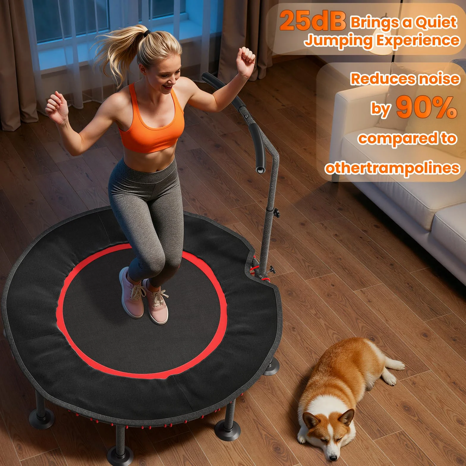 LIFERUN Trampolina fitness do użytku wewnątrz Ø 102/122 cm, mini gumowe linki, trampolina, udźwig 150 kg, wyściełany pokrowiec ochronny, regulowany uchwyt, dla dorosłych, stabilna, cicha, do domu