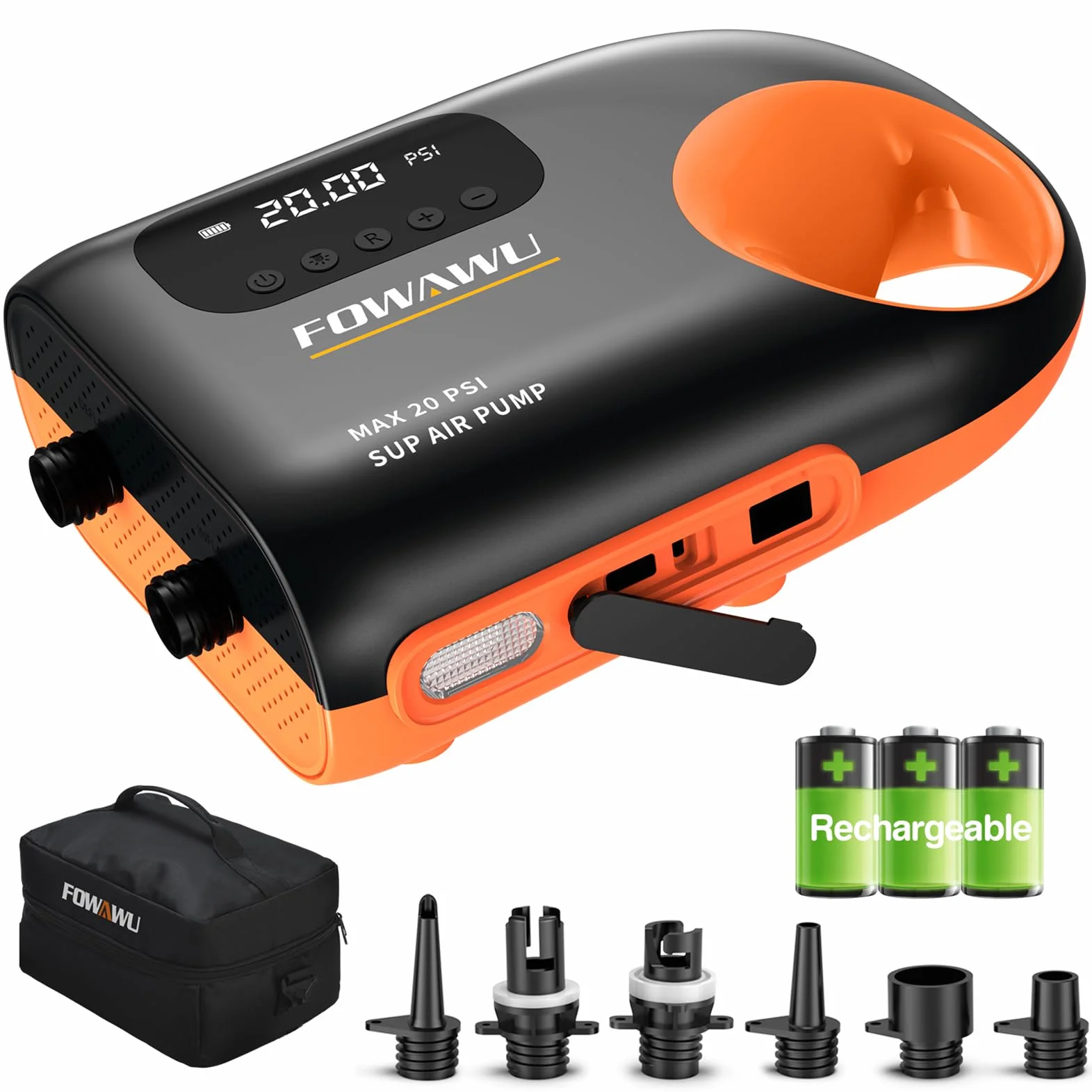 FOWAWU Sup Pump, 20 PSI Pompa do deski SUP z dwuetapowym inteligentnym pompowaniem i odpompowywaniem, automatyczne wyłączanie, pompka powietrzna SUP do pompowania SUP DC 12V złącze samochodowe