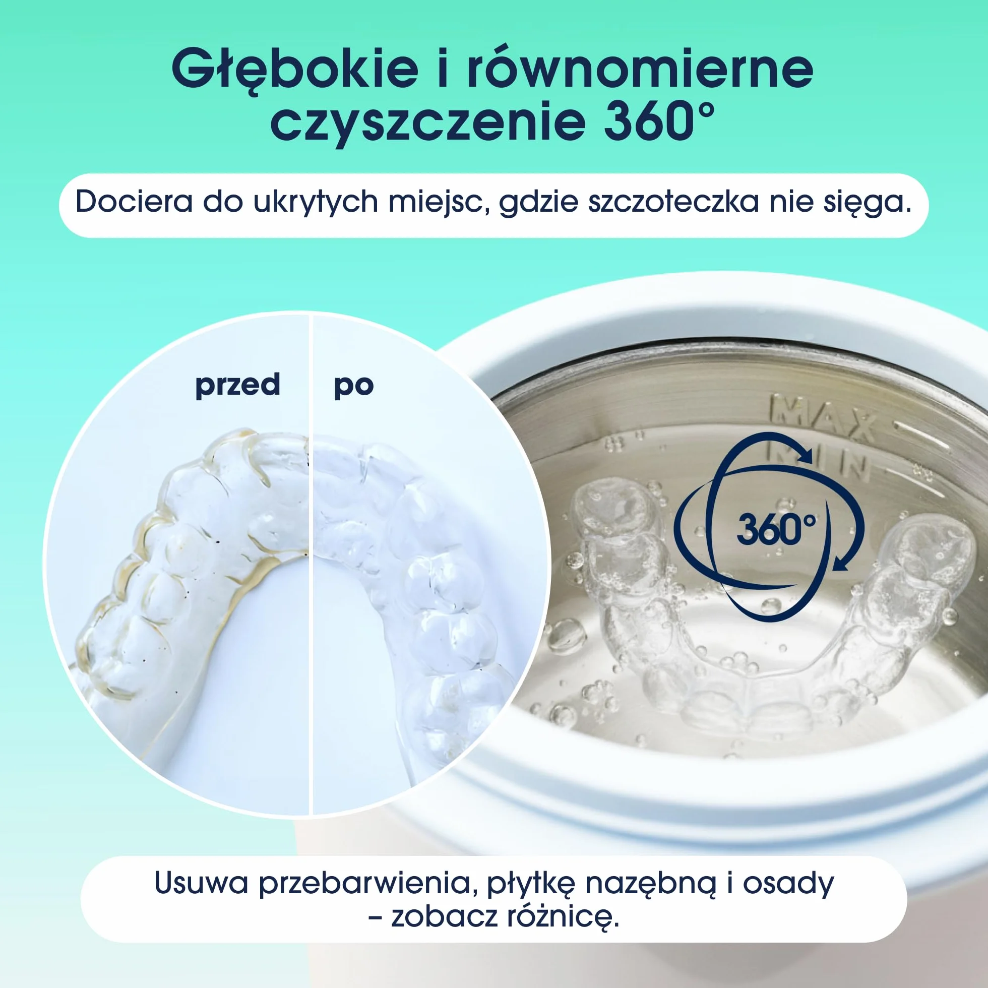 ZENT SoniQWave Myjka ultradźwiękowa do aparatów ortodontycznych, protez, nakładek i biżuterii - Kompaktowa, Technologia czyszczenia 360°, 5-minutowy cykl, Stal nierdzewna