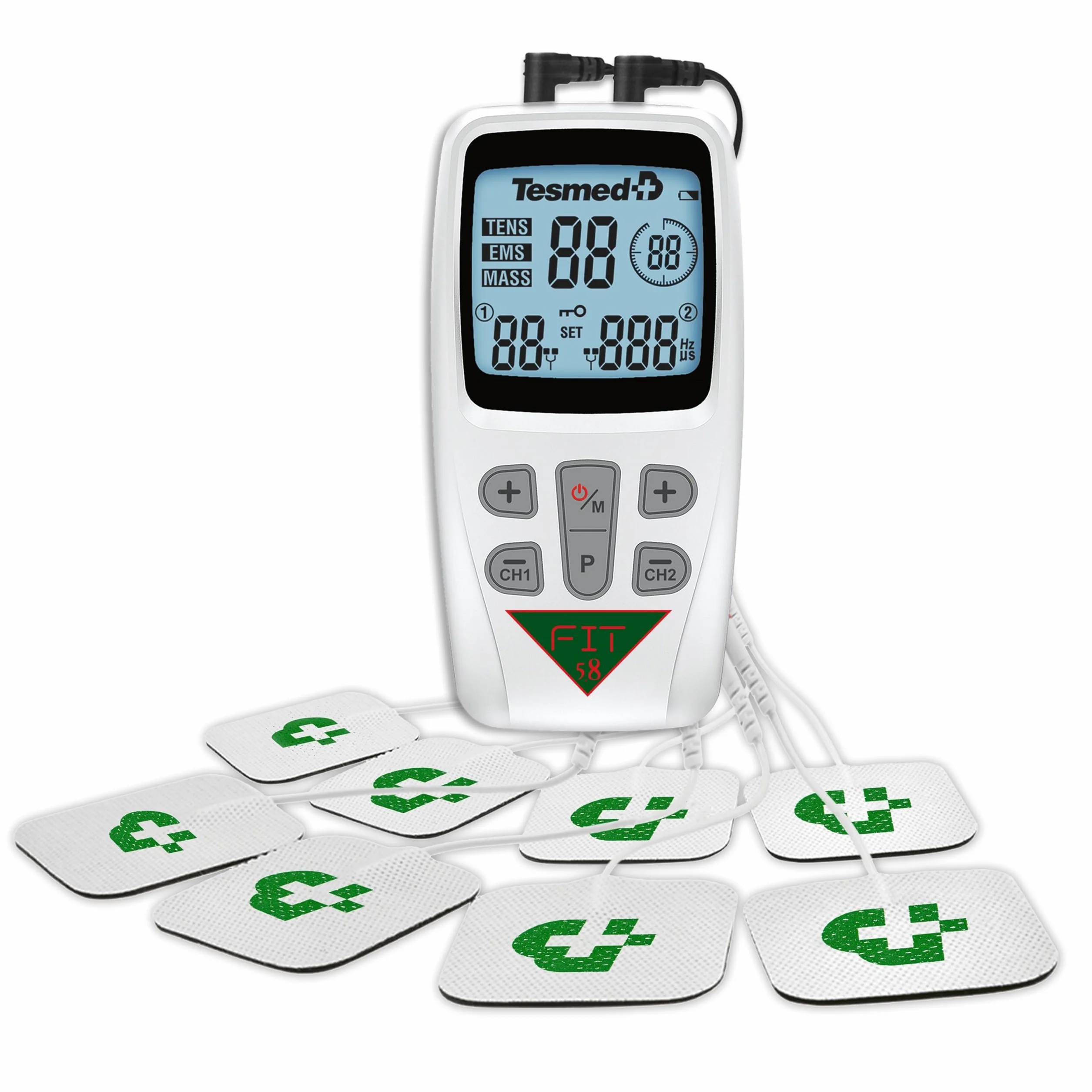 Tesmed FIT 5.8 elektrostymulator mięśni, EMS, TENS, MASAŻ, ulga w bólu i potężny trener mięśni: 22 programy, w tym 6 konfigurowalnych pod względem częstotliwości, szerokości impulsu i czasu trwania.