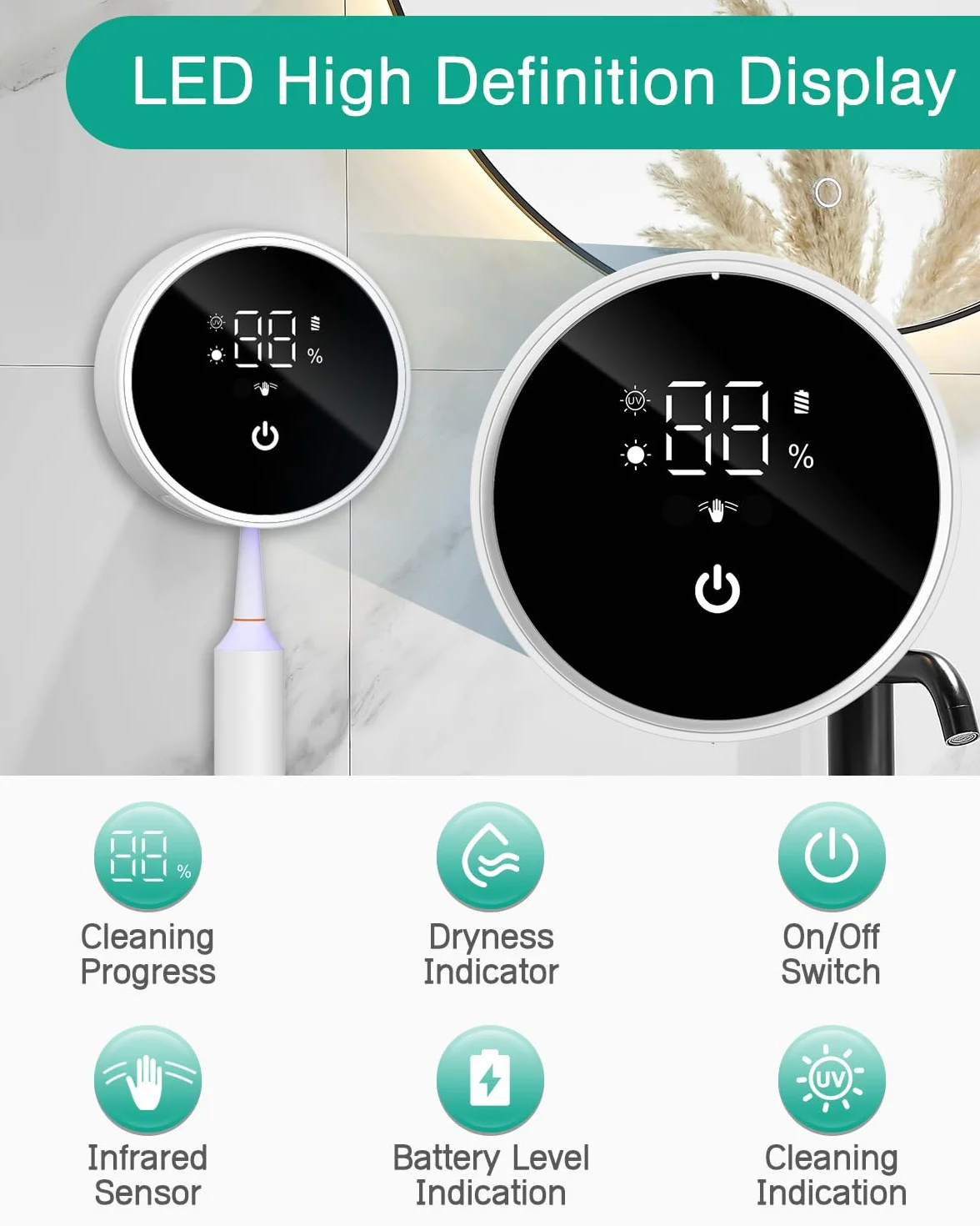 ORIA Środek dezynfekujący dla szczoteczki do ząb, przenośny uchwyt do szczoteczki elektrycznej i ręcznej ze sterylizacją, suszenie, ekran LED, ładowalny