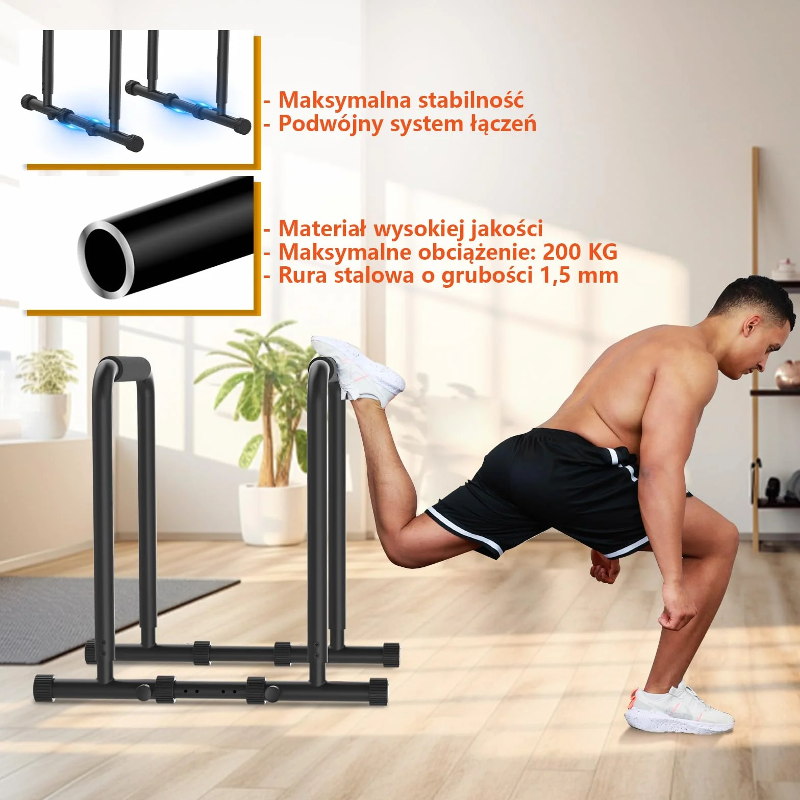 Regulowane drążki do dipów DH FitLife, stacja z 3 poziomami wysokości 80/90/100 cm, sprzęt do treningu parallette