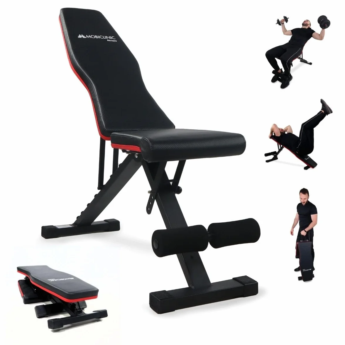 Mobiclinic® fitness, Ławka treningowa, Składana, Udźwig 200 kg, Regulowane siedzisko i oparcie, Flexfit, Wielofunkcyjna, Trening całego ciał, Mocna stabilna, Domowa łownia