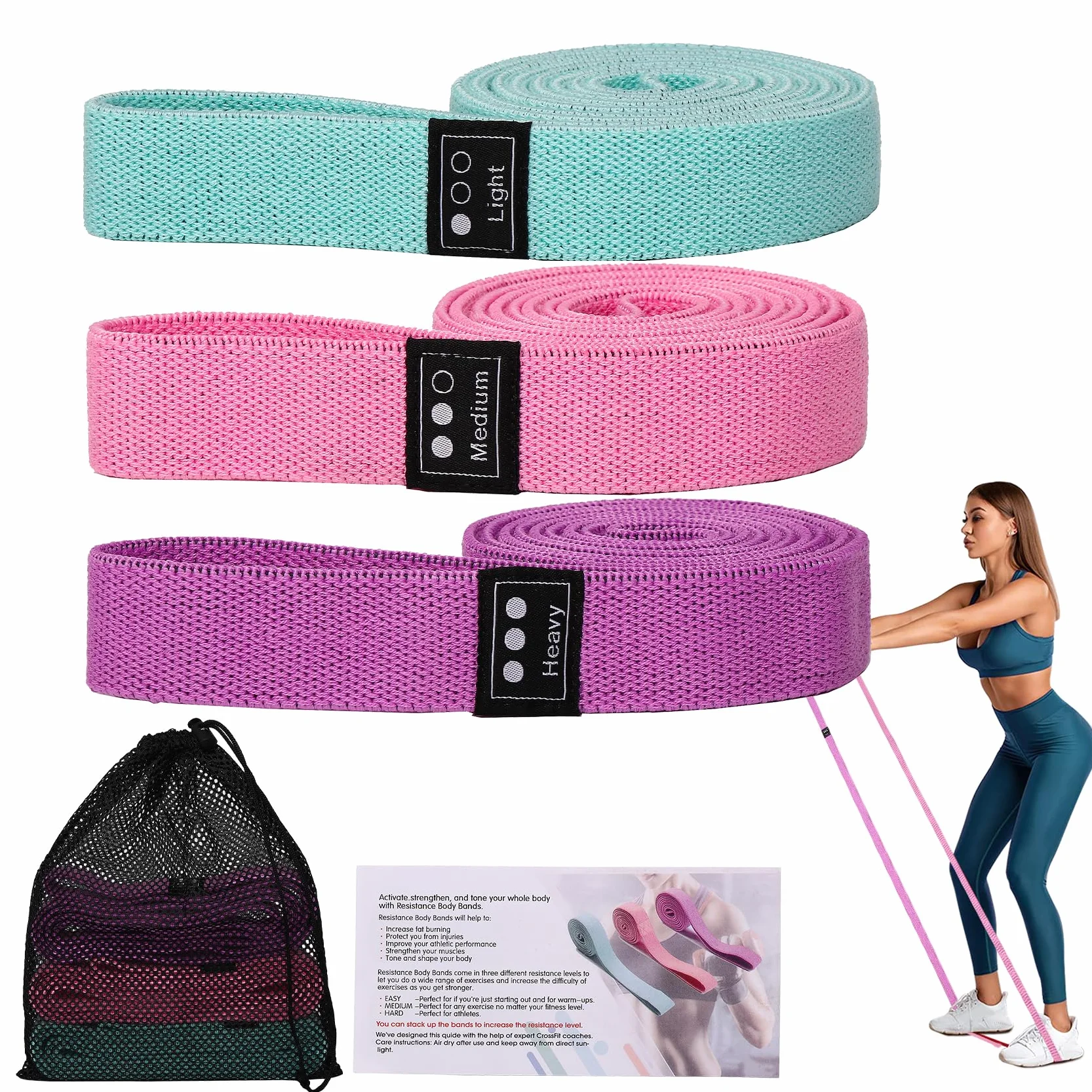 Taśmy oporowe z tkaniny z 3 poziomami oporu do treningu całego ciała, dla kobiet i mężczyzn, treningu siłowego, jogi, pilatesu, fitnessu, zestaw 3 szt