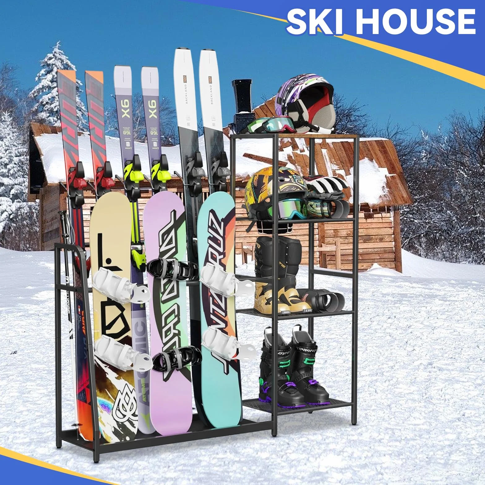 Regał do przechowywania nart, stojak na 4 pary nart, 3 deski snowboardowe, buty narciarskie, kijki narciarskie, gogle narciarskie i stojak na kask, stojak na deskę snowboardową do garażu i domu