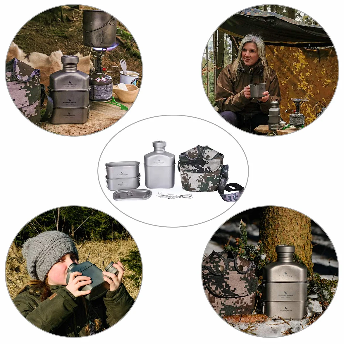Boundless Voyage Tytanowa butelka polowa 1100 ml, pojemność 750 ml, 400 ml, kubek outdoorowy, naczynia do gotowania, wojskowe, stołówka, zestaw do gotowania, butelka na wodę z nerkami, z woreczkiem