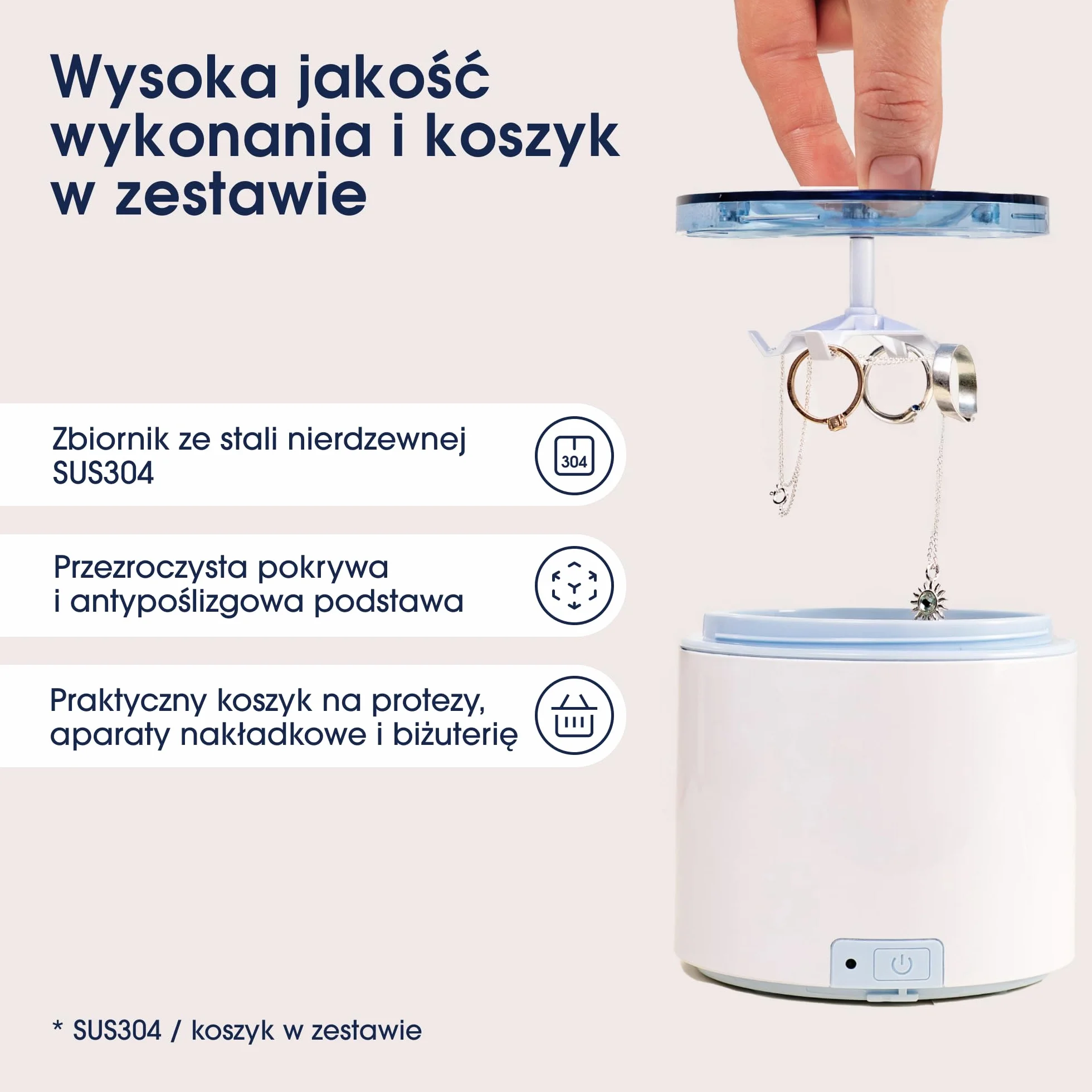 ZENT SoniQWave Myjka ultradźwiękowa do aparatów ortodontycznych, protez, nakładek i biżuterii - Kompaktowa, Technologia czyszczenia 360°, 5-minutowy cykl, Stal nierdzewna