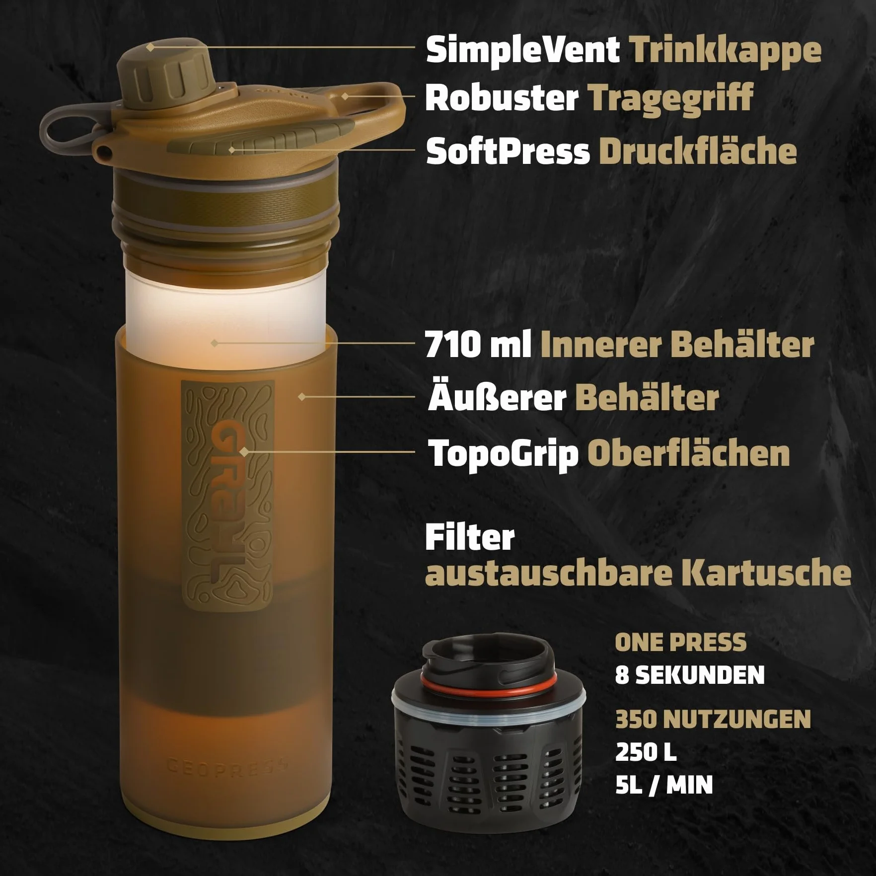 GRAYL GeoPress Zewnętrzny filtr do wody pitnej, 710 ml, eliminuje 99,99% wszystkich bakterii i wirusów, idealny na kemping, survival i podróż (brązowy Coyote)
