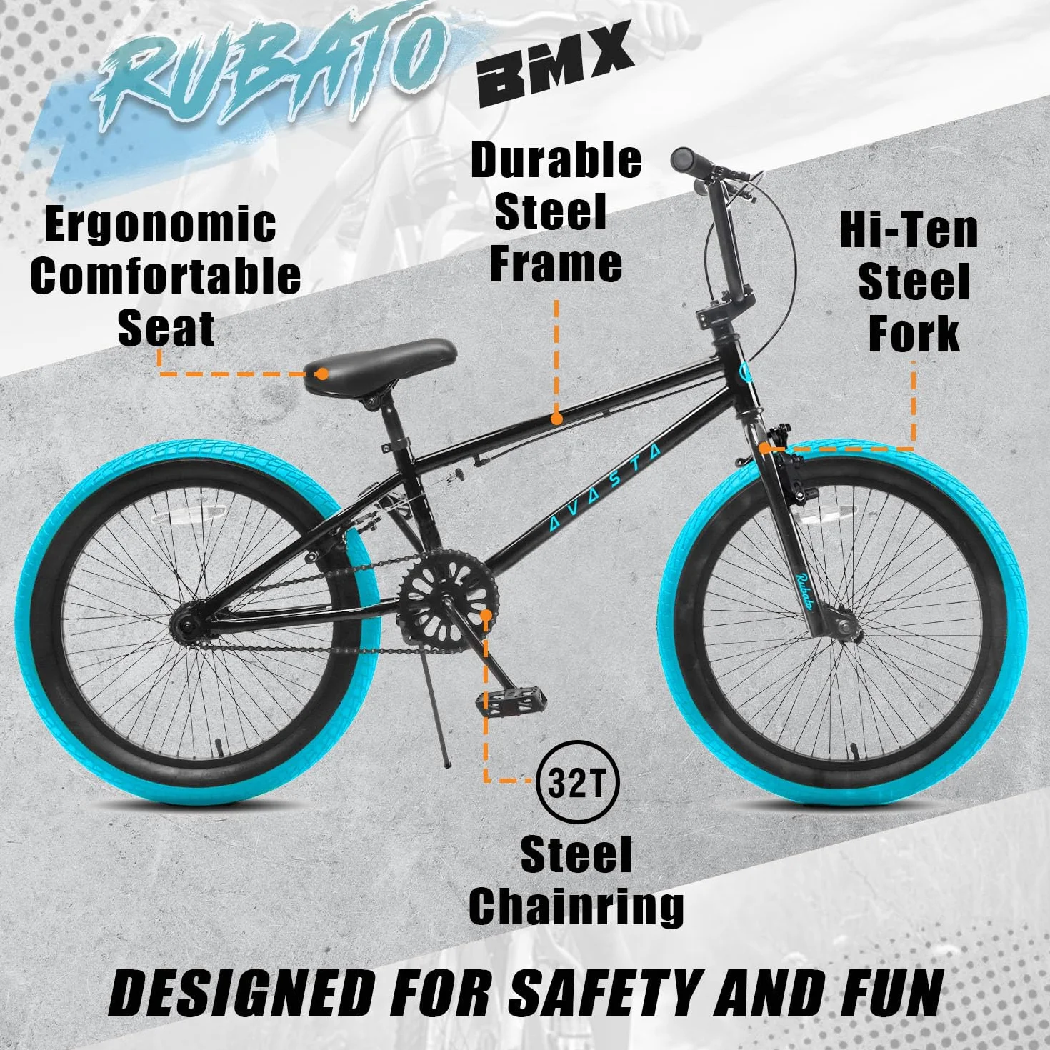 AVASTA Rower dziecięcy Freestyle BMX 18", dla chłopców i dziewczynek, kolor czarny z niebieskimi oponami