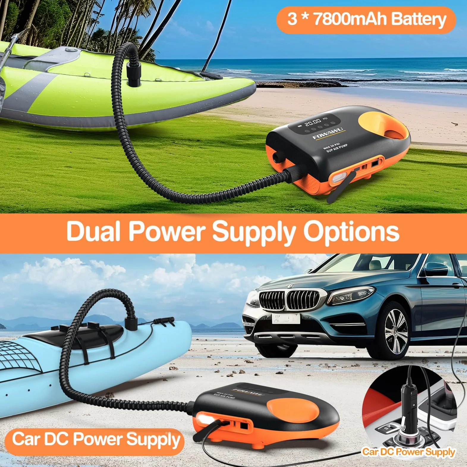 FOWAWU Sup Pump, 20 PSI Pompa do deski SUP z dwuetapowym inteligentnym pompowaniem i odpompowywaniem, automatyczne wyłączanie, pompka powietrzna SUP do pompowania SUP DC 12V złącze samochodowe