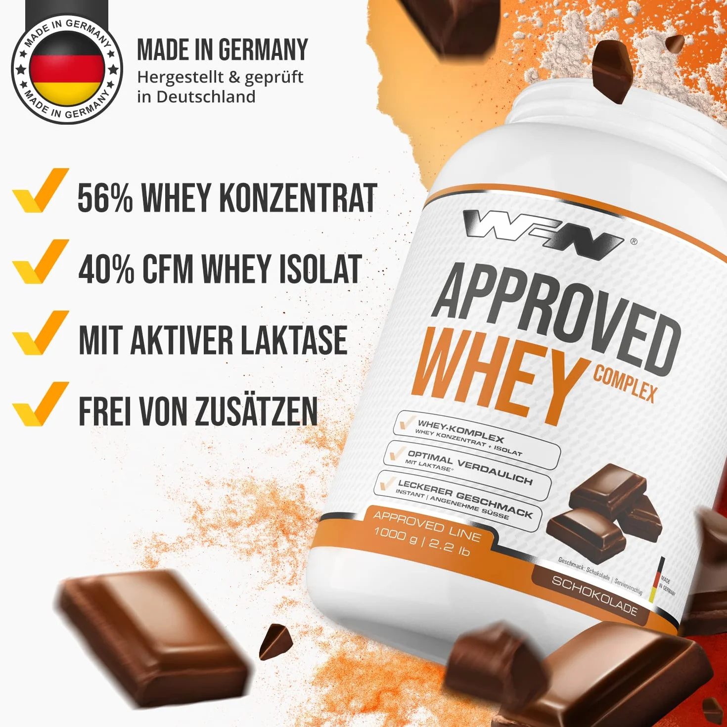 WFN Approved Whey proszek proteinowy – czekolada – 1 kg – z laktazą – bardzo dobrze rozpuszczalny proszek białkowy – wyprodukowany i sprawdzony laboratoryjnie w Niemczech