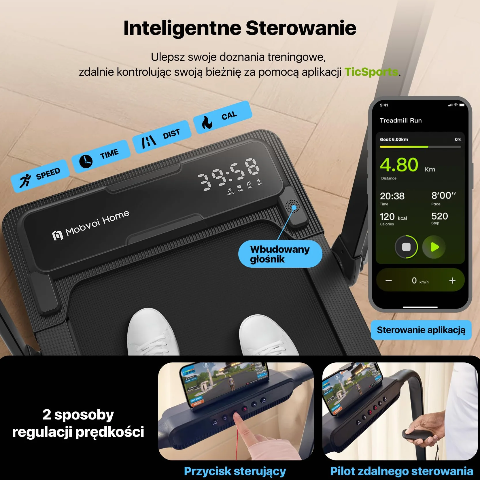 Mobvoi Home Treadmill Plus 3 w 1 składana bieżnia Walking Pad 2,5 KM Kompaktowa maszyna do biegania pod biurkiem do domu i biura Zdalne sterowanie Wyświetlacz LED Głośnik Duża 120 kg 12 km/h