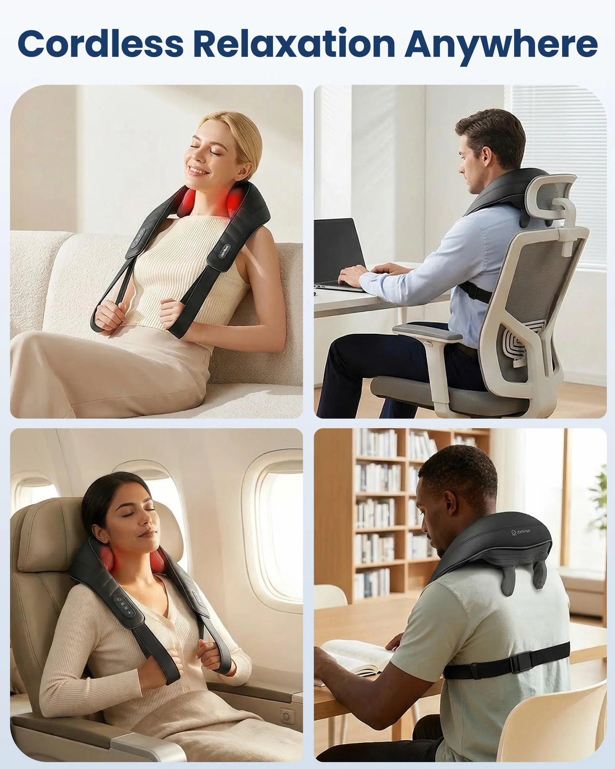 COMFIER Masażer karku z ciepłem, bezprzewodowy masażer Shiatsu 4D dla ekspertów w zakresie karku, pleców, nóg, ramion, shiatsu do domu, biura, jako prezent dla mężczyzn i kobiet