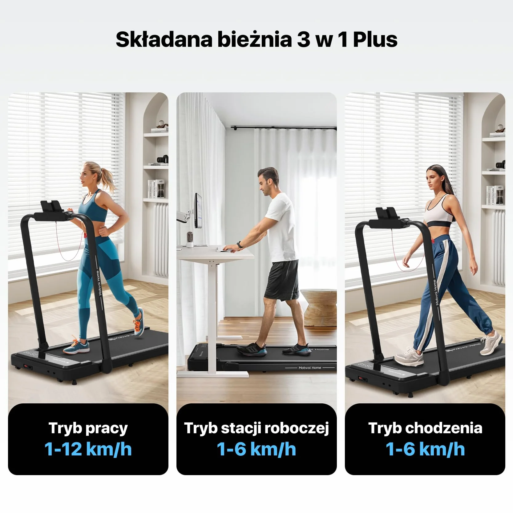 Mobvoi Home Treadmill Plus 3 w 1 składana bieżnia Walking Pad 2,5 KM Kompaktowa maszyna do biegania pod biurkiem do domu i biura Zdalne sterowanie Wyświetlacz LED Głośnik Duża 120 kg 12 km/h