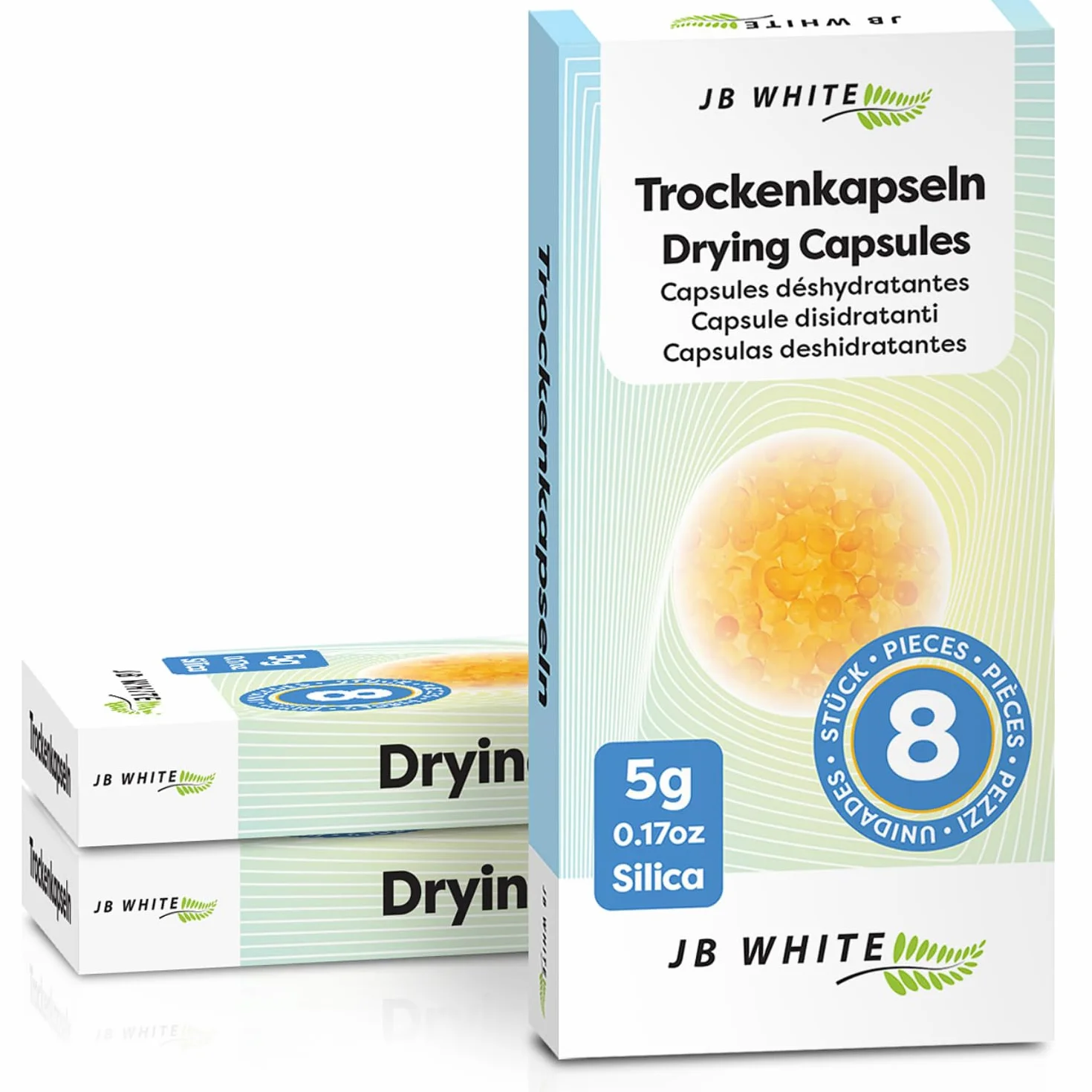 JB White 24 kapsułek osuszających do aparatów słuchowych, uniwersalne kapsułki osuszające z żelem krzemionkowym z kolorowym wskaźnikiem (20% więcej zawartości, 5 g, pakowane pojedynczo)