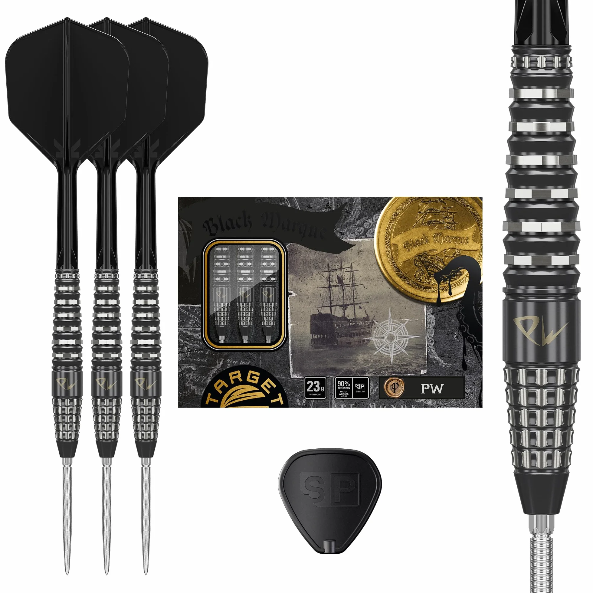 Target Japan Black Marque PW Zestaw rzutek ze stalowymi końcówkami K-Flex Swiss Point 90% wolframu, 23G | KFlex Dart Flight, Swiss Nano Points, czarno-srebrne stalowe końcówki rzutek