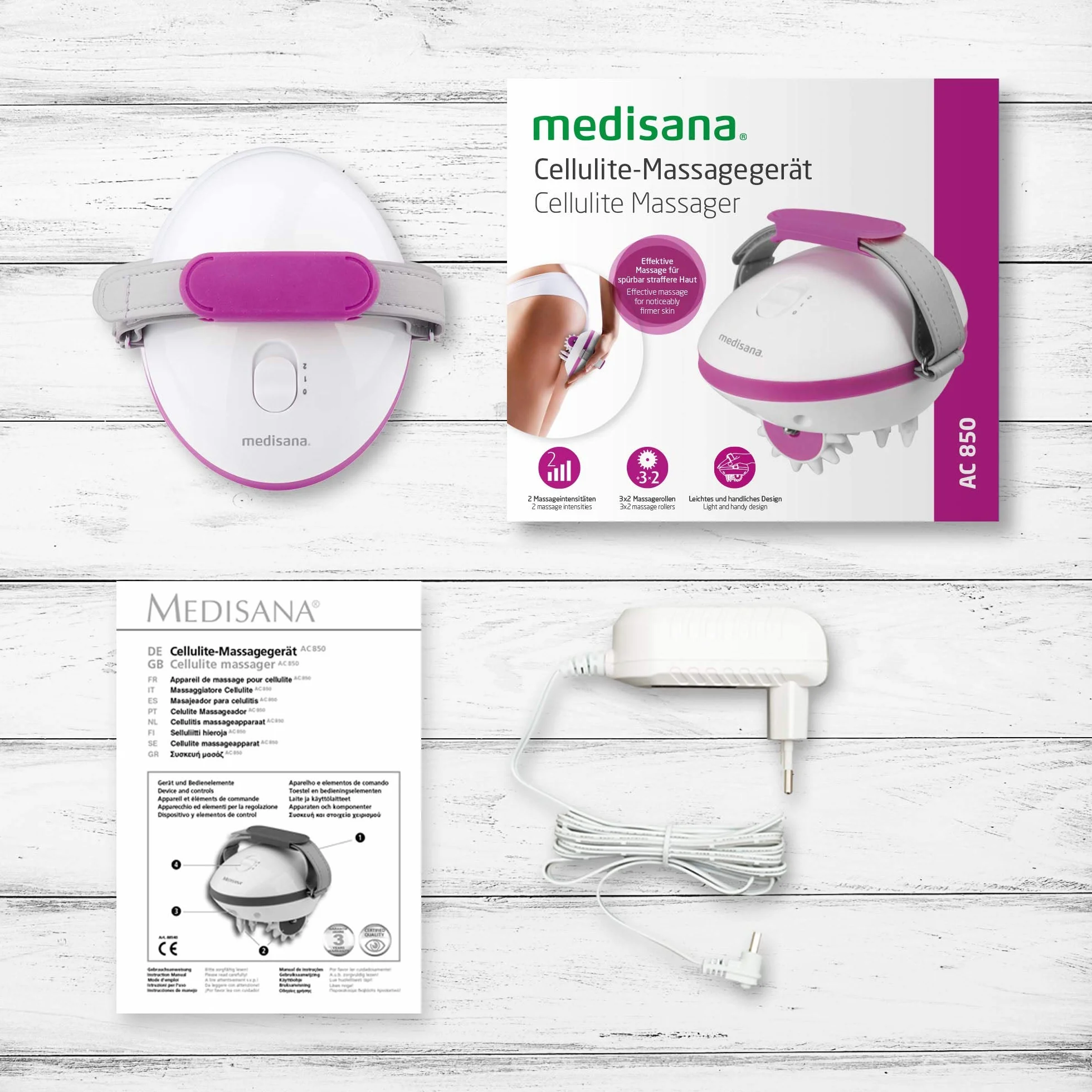 Medisana AC 850 masażer na cellulit dla jędrniejszej skóry, samomasaż z 6 obrotowymi rolkami masującymi i 2 intensywnościami masażu
