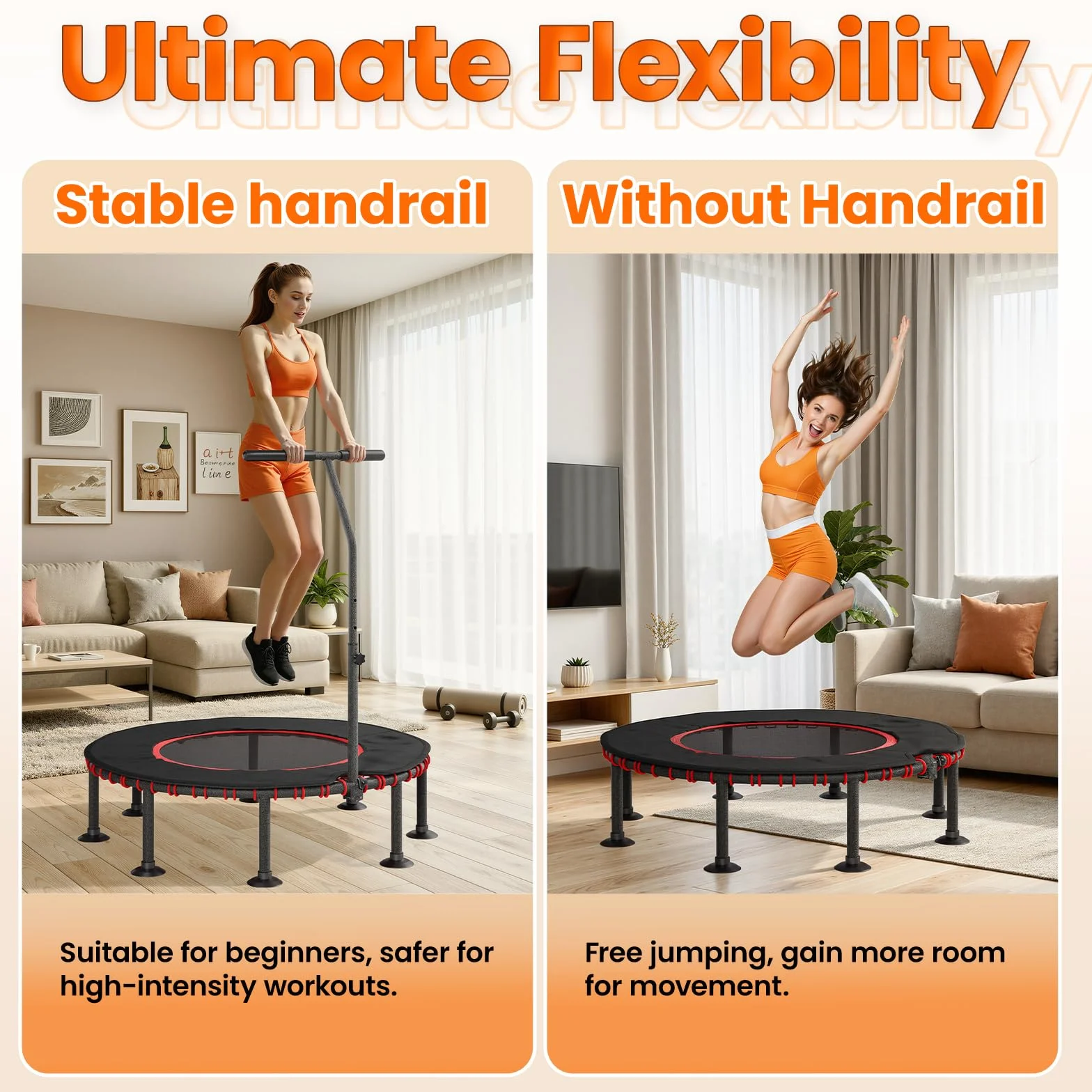 LIFERUN Trampolina fitness do użytku wewnątrz Ø 102/122 cm, mini gumowe linki, trampolina, udźwig 150 kg, wyściełany pokrowiec ochronny, regulowany uchwyt, dla dorosłych, stabilna, cicha, do domu