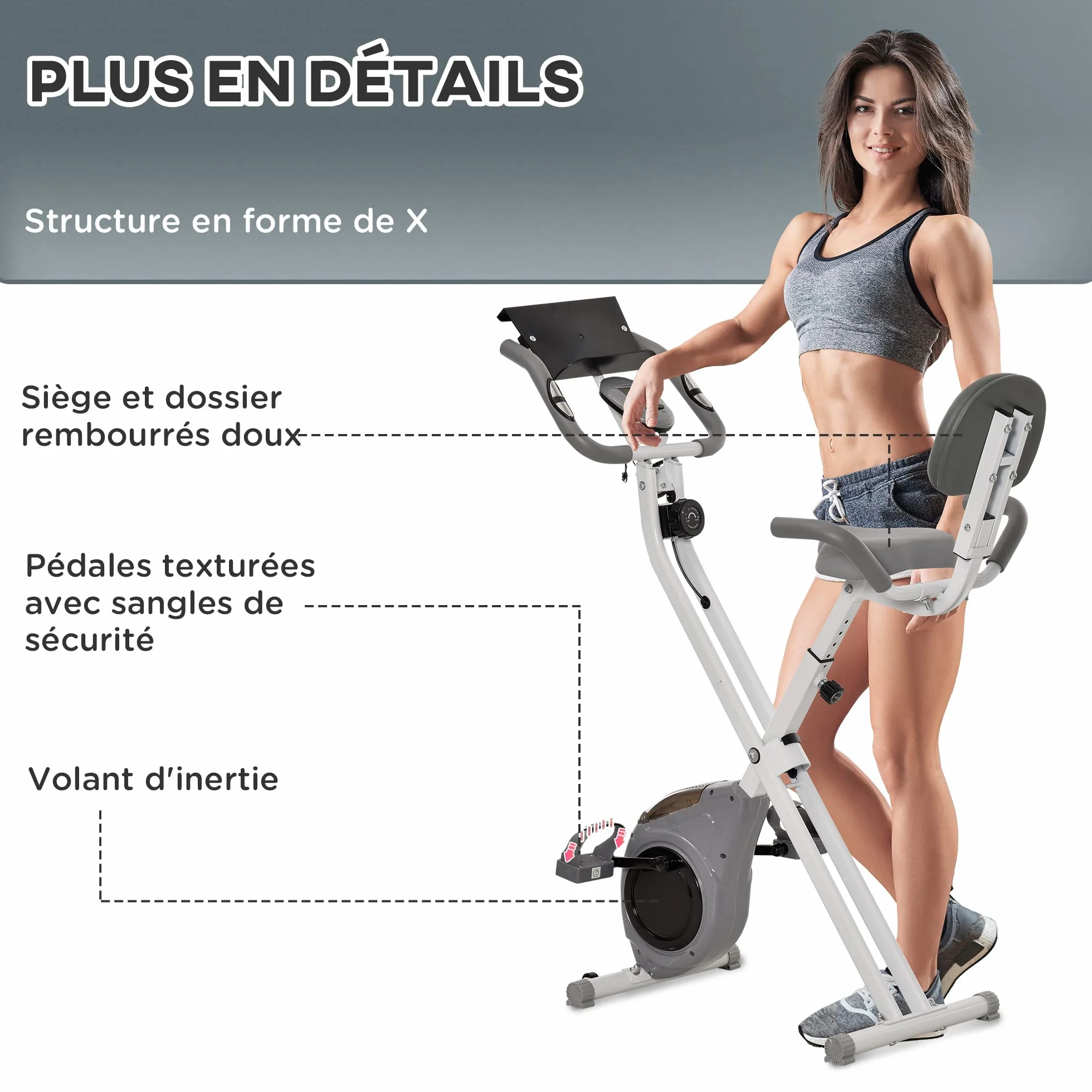 HOMCOM Magnetyczny rower treningowy składany rower fitness rower wewnętrzny duży komfort regulowane oparcie siodełka uchwyty na ekran LCD wielofunkcyjny uchwyt na tablet stalowy biały szary