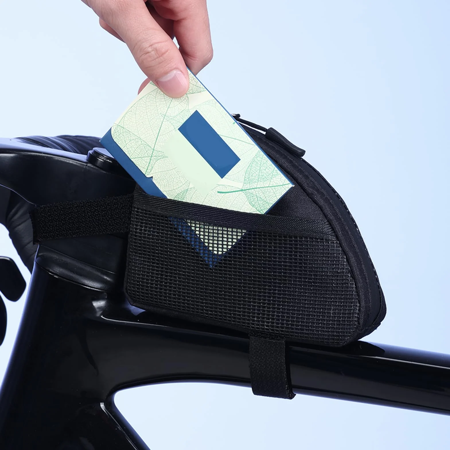 Torba Rowerowa na górną rurkę, Trójkątna Przednia Torba na ramę rowerową z Odblaskowymi Akcentami Kompaktowy Woreczek do Przechowywania 0,3 L Akcesoria do Kolarstwa
