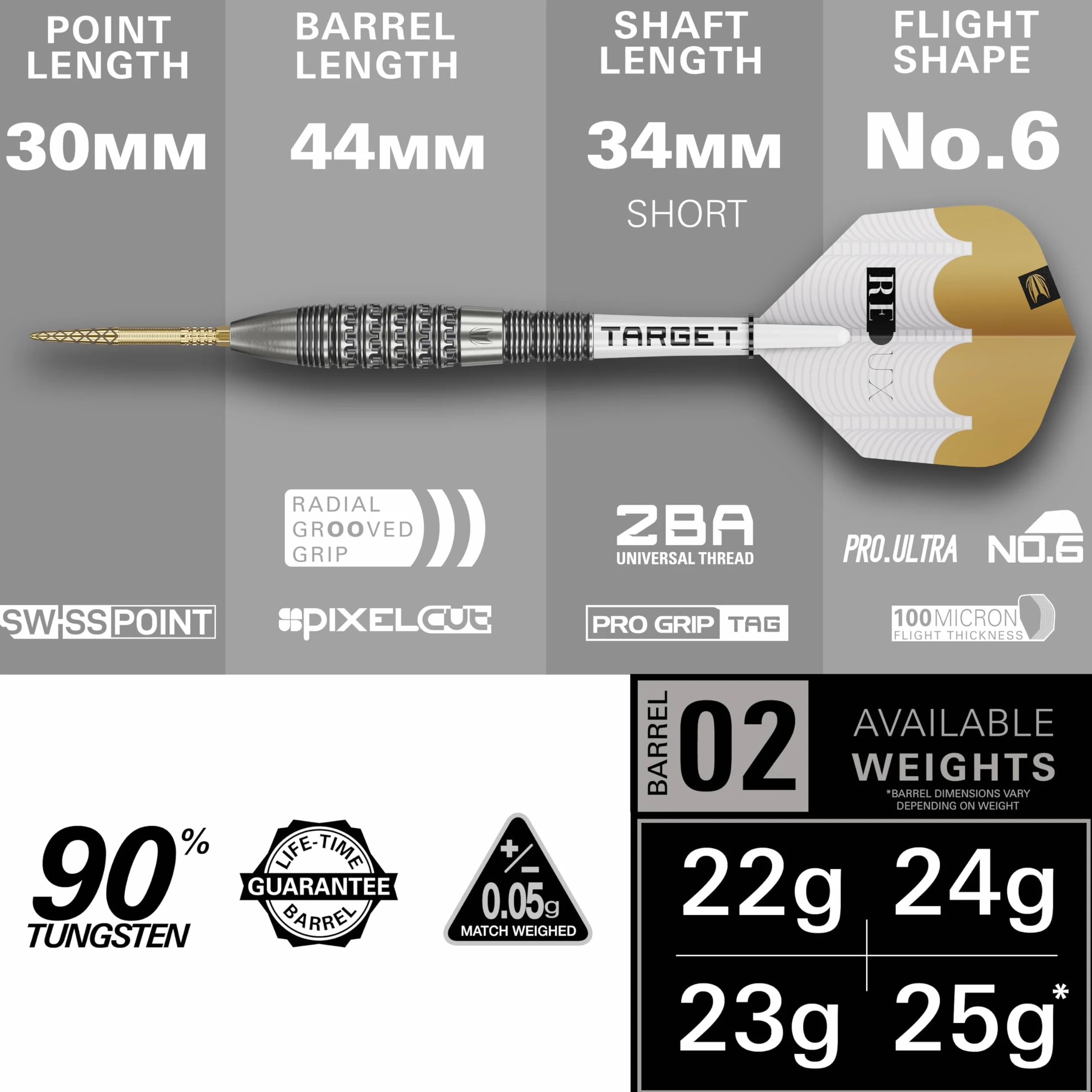 Target Darts Redux 90% Tungsten Swiss Point Steel Tip Dart Set (Barrel 01/02/03), 22G/23G/24G/25G/26G | Pro Ultra No.6 Flights & Pro Grip Tag Shafts, DX Points Gold & SP Tool w zestawie