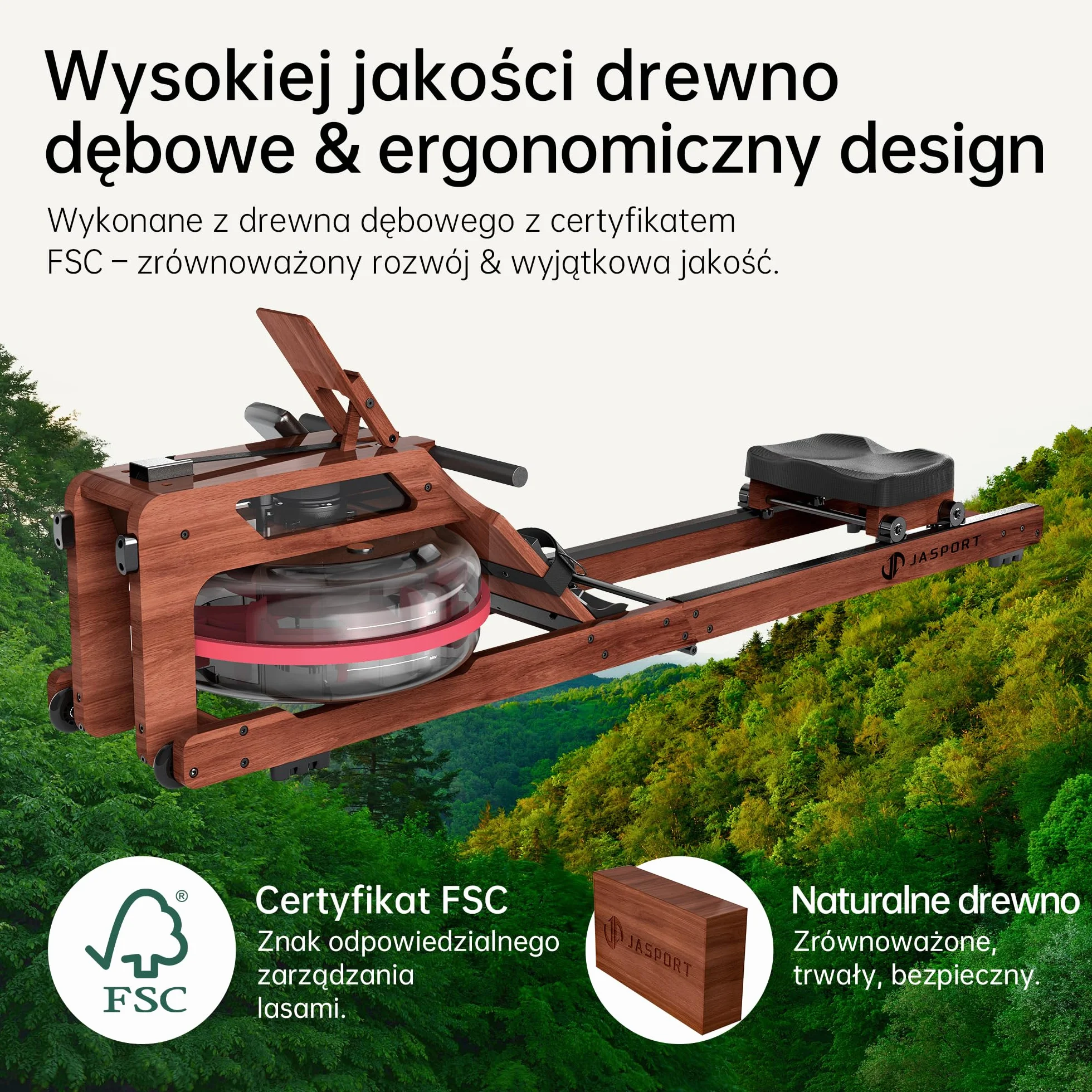 R3 składana maszyna wiosłarska z drewna dębowego, wyświetlacz LCD Bluetooth, kompatybilna z Kinomap, zbiornik 28L, 150 kg