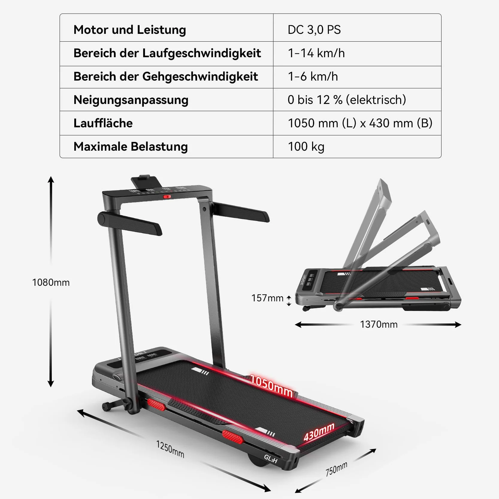 GL3H Bieżnia Składana 12° Nachylenie 2w1 Panel Chodzenia 14 km/h 3.0 KM Silnik Cichy 18 Programów Sterowanie Dotykowe Bluetooth