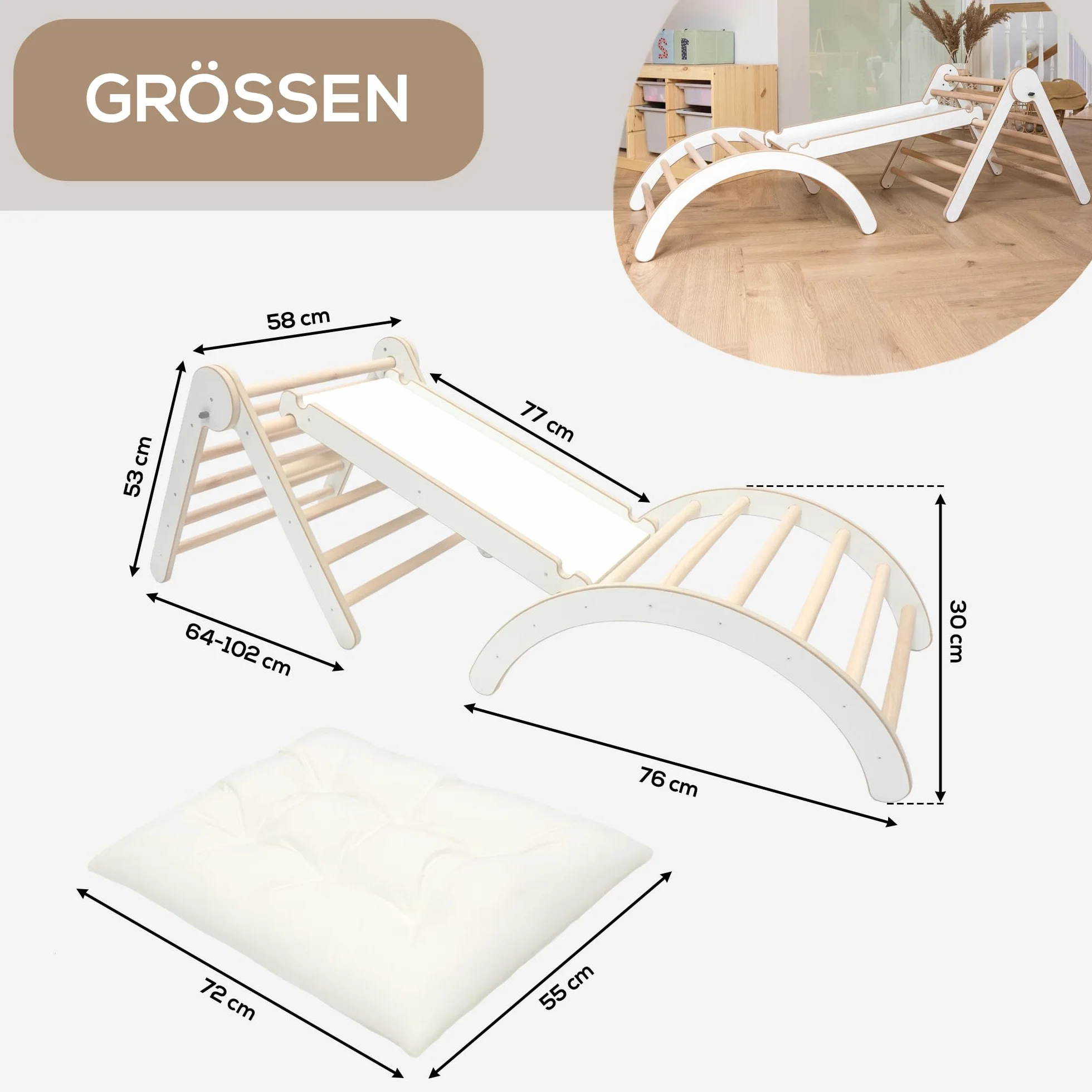 MAMOI® Zestaw Wspinaczkowy 4 w 1. Bujak + Zjeżdżalnia + Trójkąt + Poduszka, Zestaw Montessori z poduszkami, kryty plac zabaw dla dzieci 1-3 lat i zjeżdżalnia.