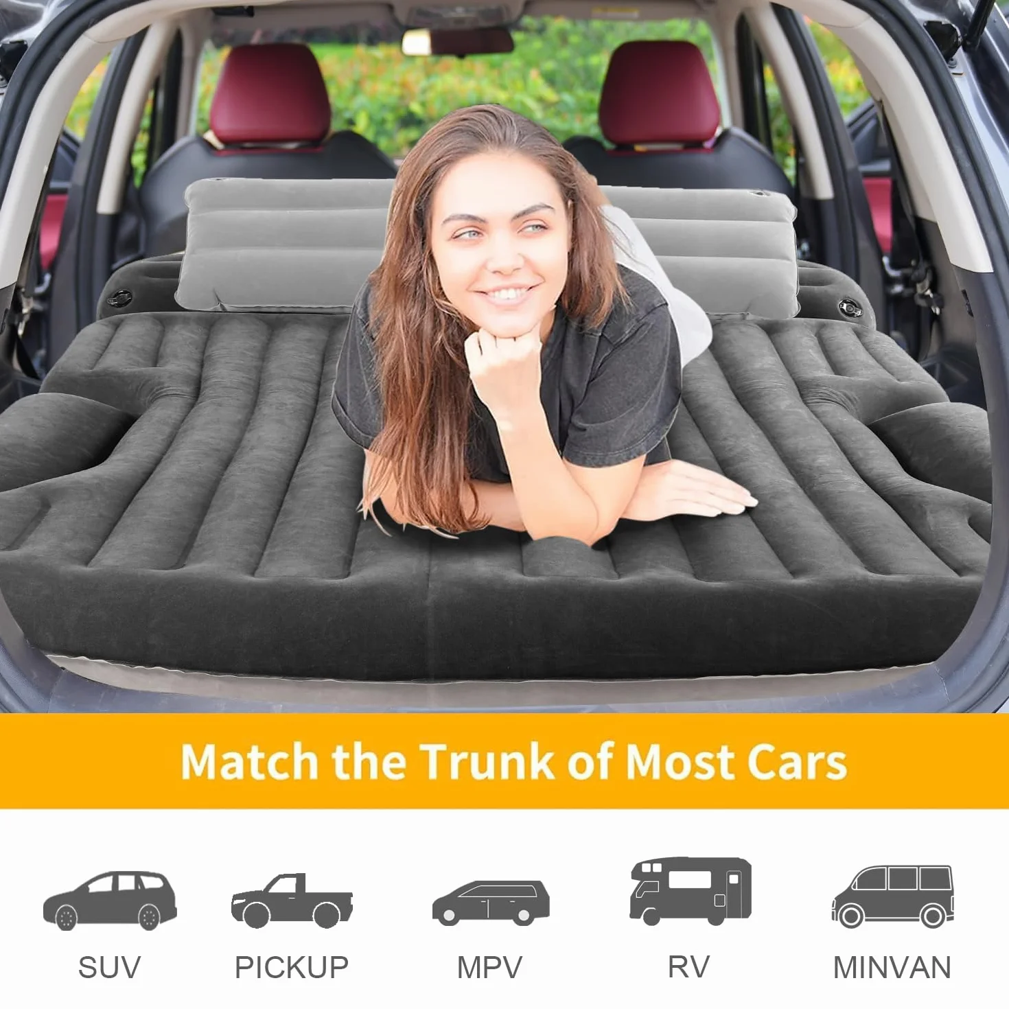 KMZ Materac dmuchany, pogrubiony i dwustronny, flokowany, do SUV, materac kempingowy z 2 nadmuchiwanymi poduszkami, kolor ciemnoszary