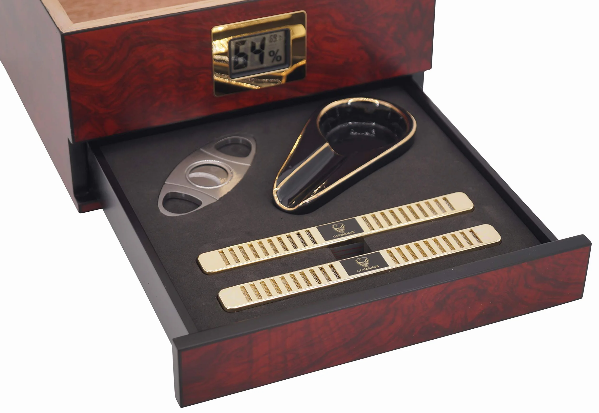GERMANUS Humidor con higrómetro, cenicero de puros, cúter.
