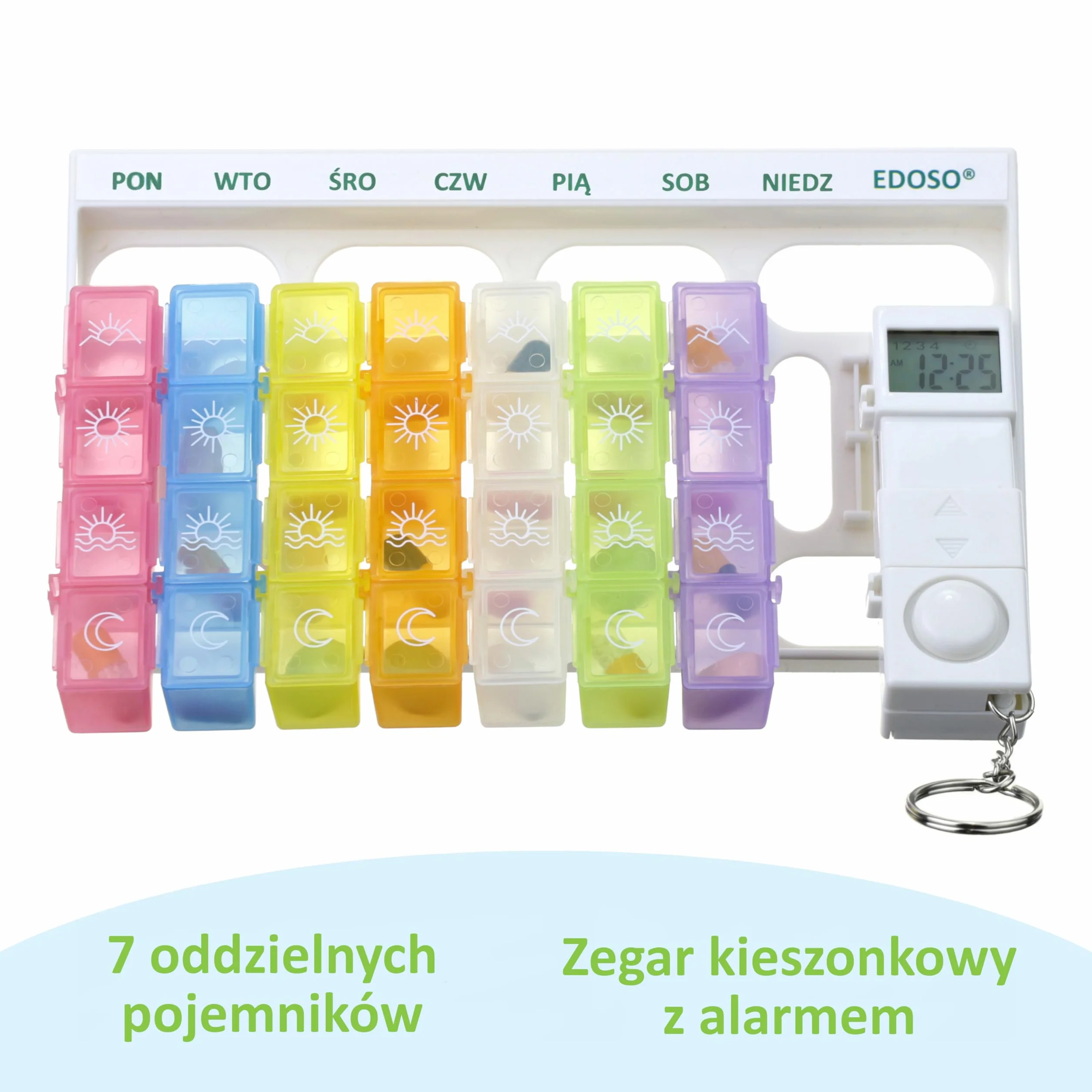 Dozownik leków na 7 dni z alarmem | Pudełko na lekarstwa na tabletki tygodniowe z timerem i budzikiem do przypomnienia | Polski opis | Wzmocniony dźwięk alarmu | Pojemniki na tabletki kolorowe