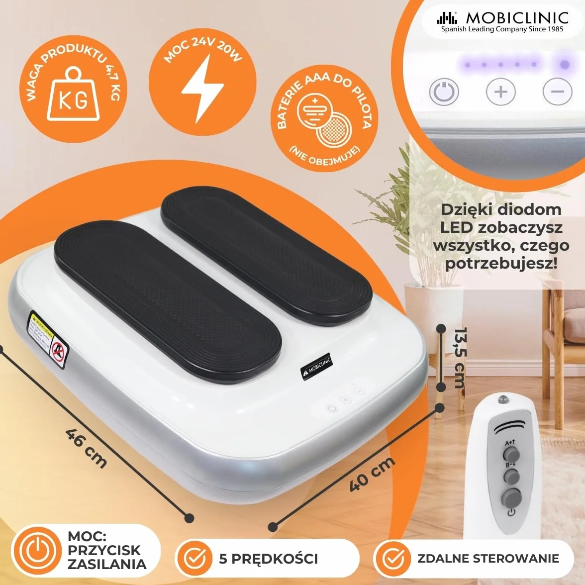 Mobiclinic, Trener nóg, Elektryczne, Legfit, Marka europejska, Gimnastyka pasywna, Ćwiczenie na siedząco, Dla seniorów, Nastolatków, Z pilotem, Regulowana prędkość