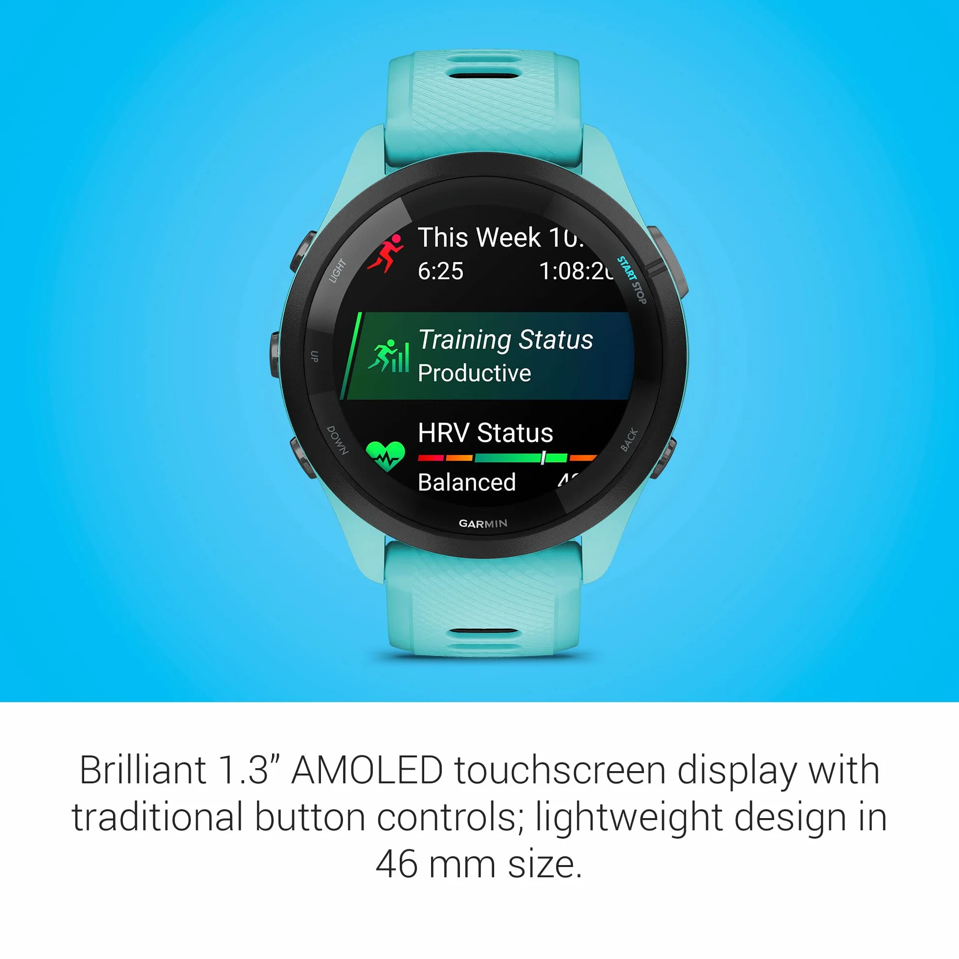 Garmin Forerunner 265 Smartwatch Do Biegania GPS 46mm, AMOLED, HRV Status, Do 13 Dni na Baterii, Aqua