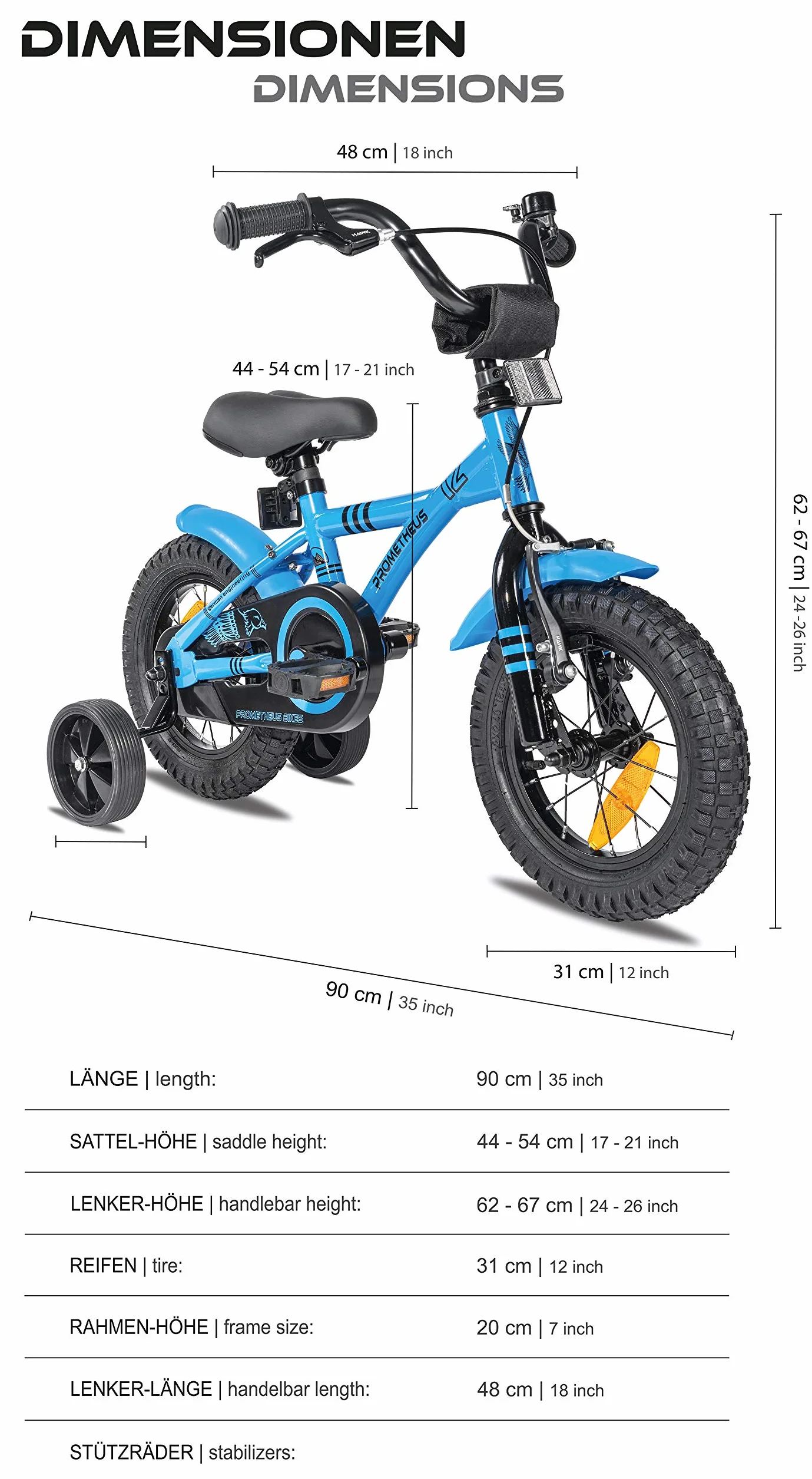 PROMETHEUS BICYCLES Rower dziecięcy od 3 lat - 12 cali Rower dziecięcy dla dziewczynek i chłopców z kółkami podporowymi i hamulcem wstecznym w kolorze niebieskim